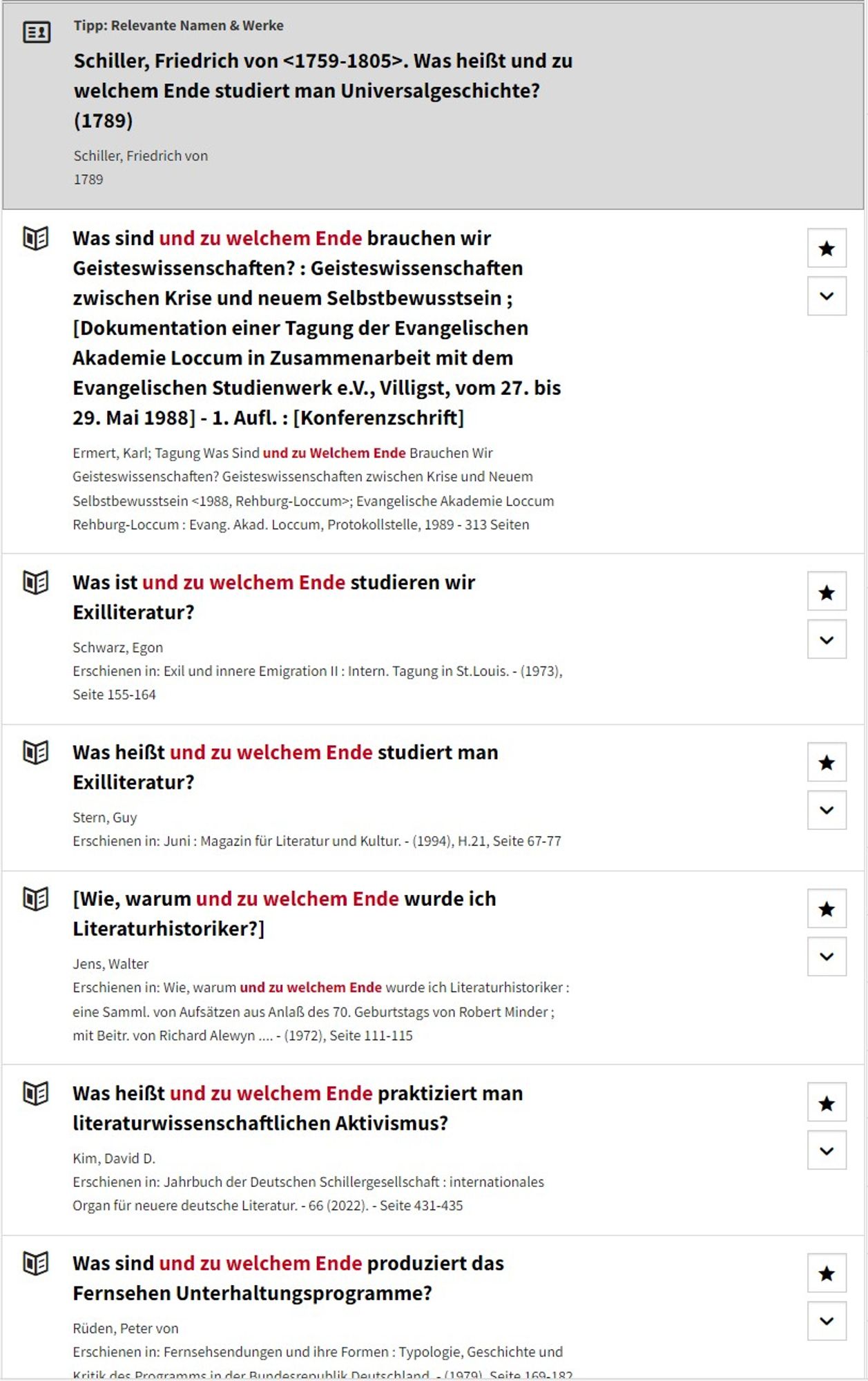 Titelliste aus dem Online-Katalog des DLA Marbach zu "und zu welchem Ende"