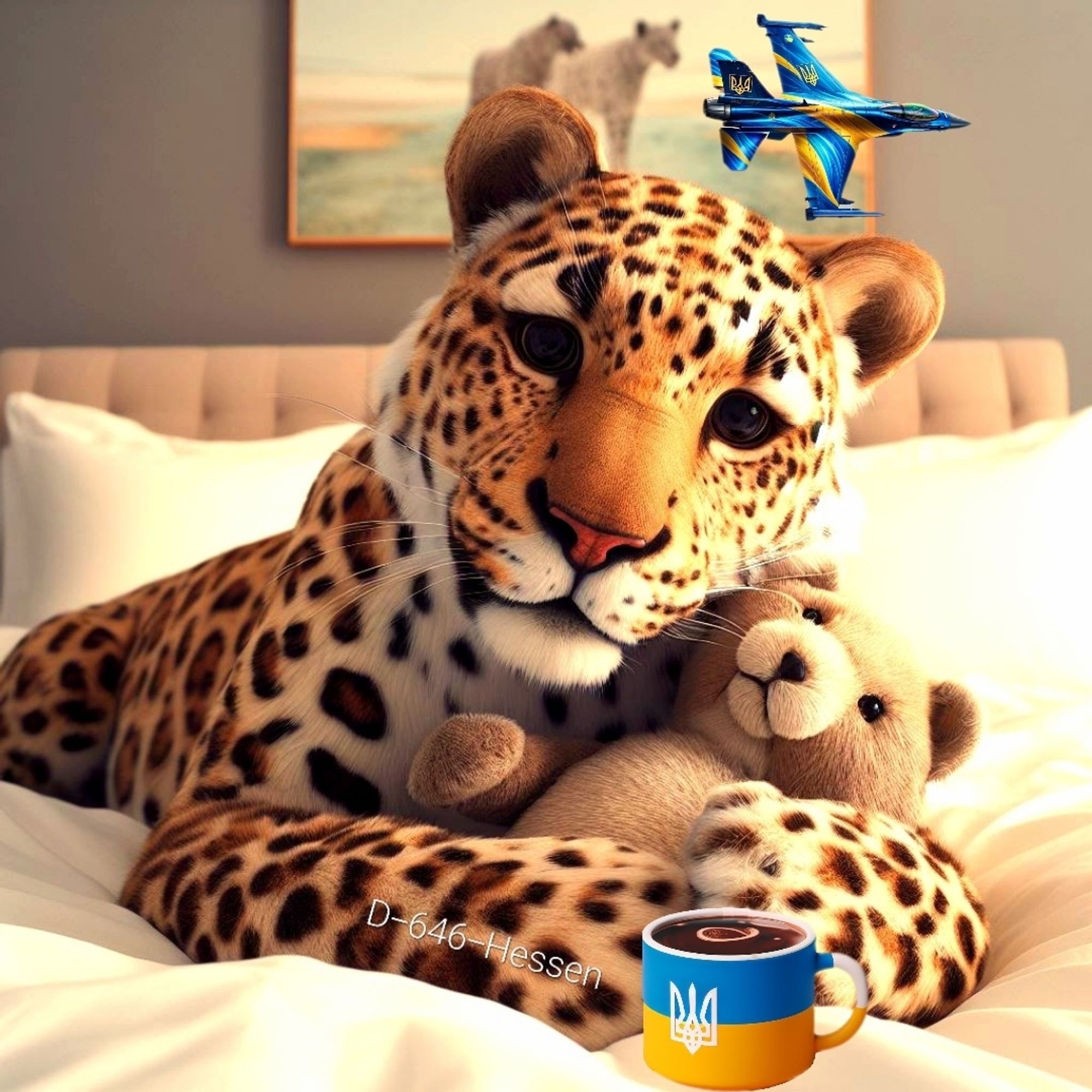 Ein Leopard liegt auf dem Bett mit einem Teddy und einer Kaffeetasse