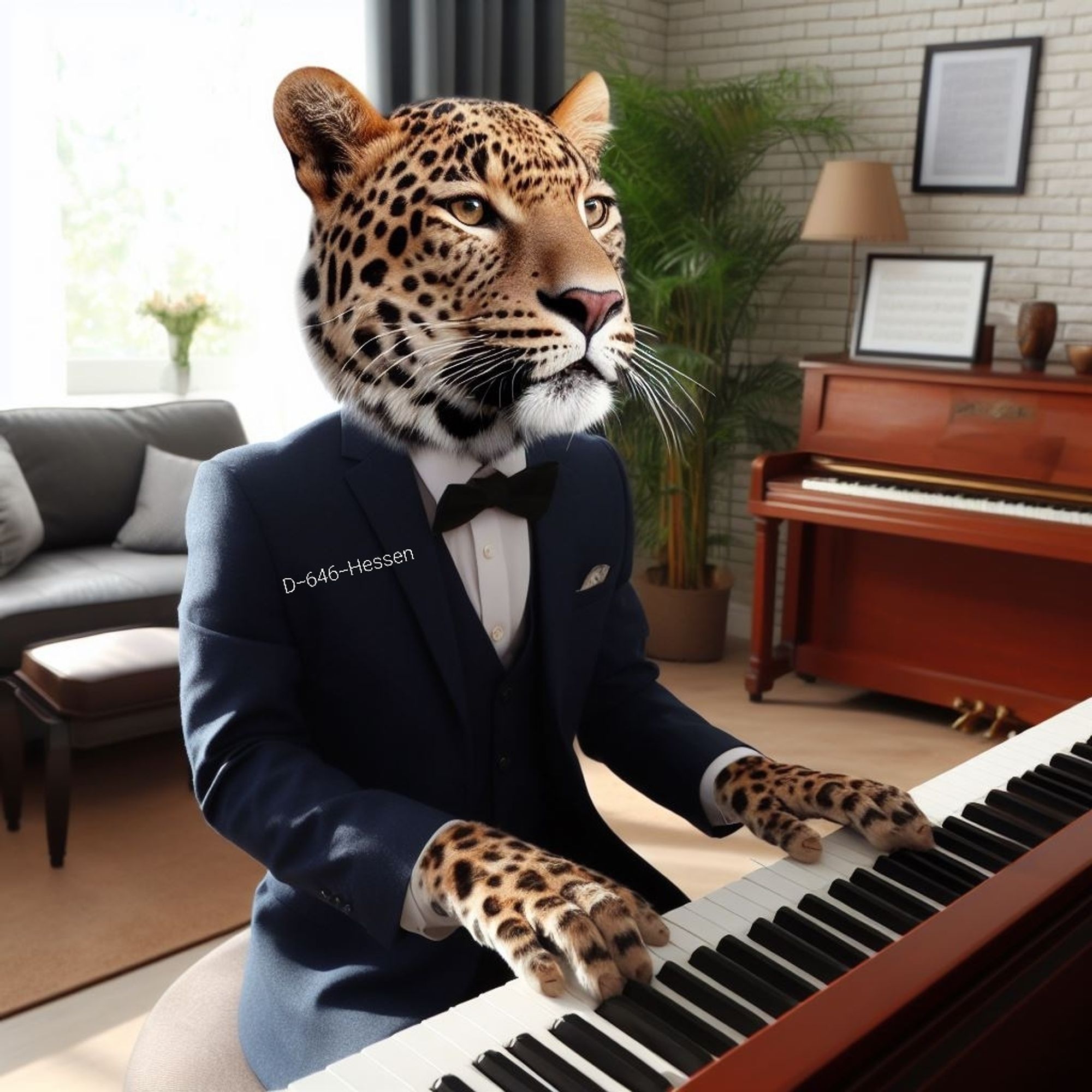 Ein Leopard singt im Anzug am Klavier im Wohnzimmer ein Guten Morgen