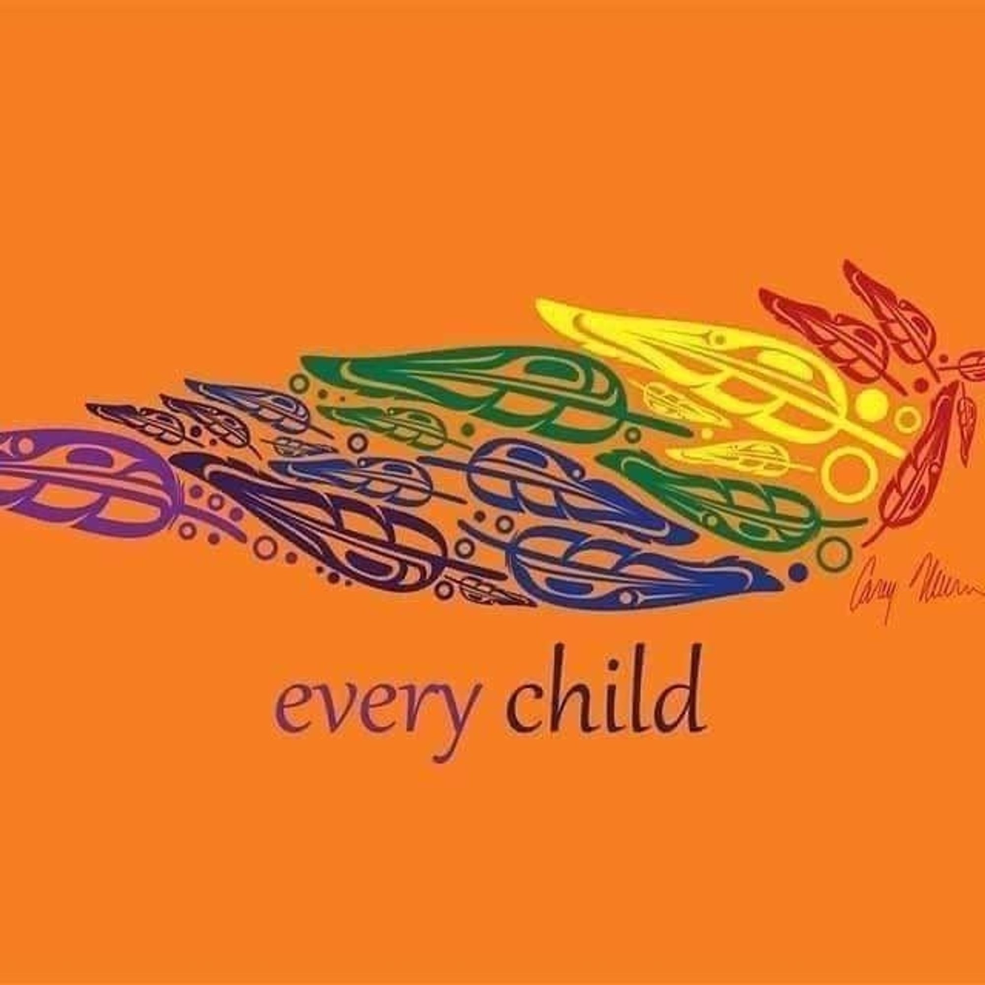 Orange background with a rainbow feather consisting of outlines of more feathers. Art by Carey Newman.