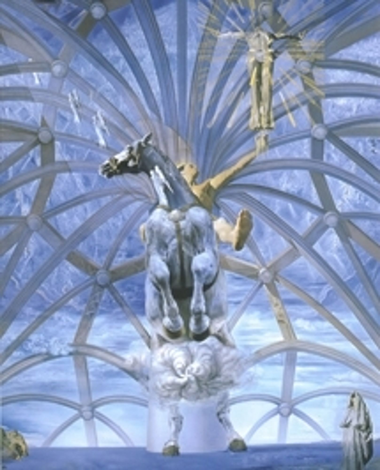 Santiago El Grande by Dali.

(from the Dali museum website) - the painting depicts "Saint James the Great (Santiago El Grande in Spanish), the patron saint of Spain, rising from the sea astride a white stallion and brandishing an oversized crucifix. An atomic explosion bursting from the four petals of a jasmine flower – a symbol of purity and one of the artist’s favorite aromas (a personal reference amidst an iconography that is otherwise rooted in Spanish tradition) – raises the steed toward heaven. There are numerous other elements in the painting which reinforce the narratives of religiosity and nationalism."