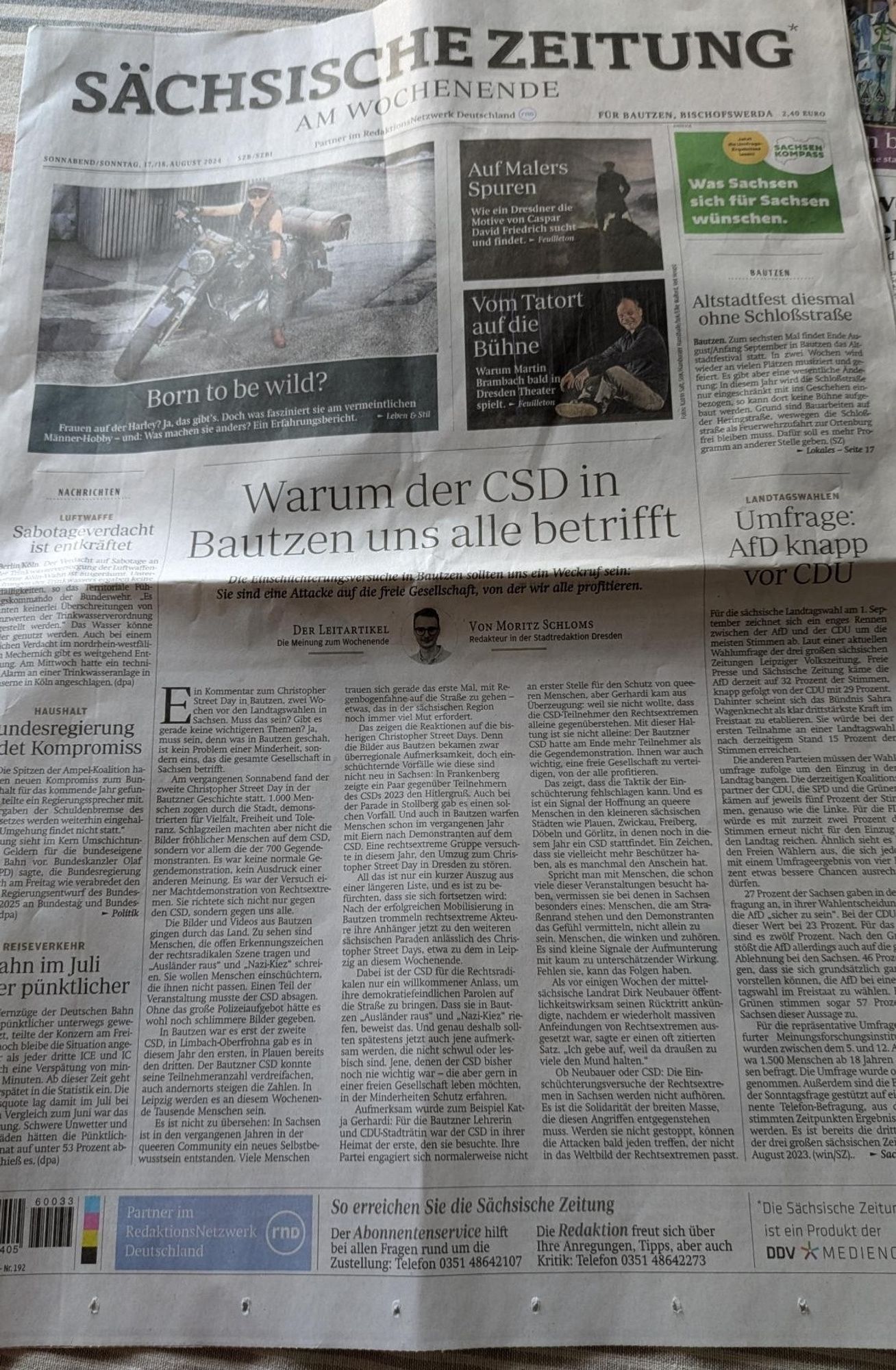 Artikel auf der Titelseite der Sächsischen Zeitung