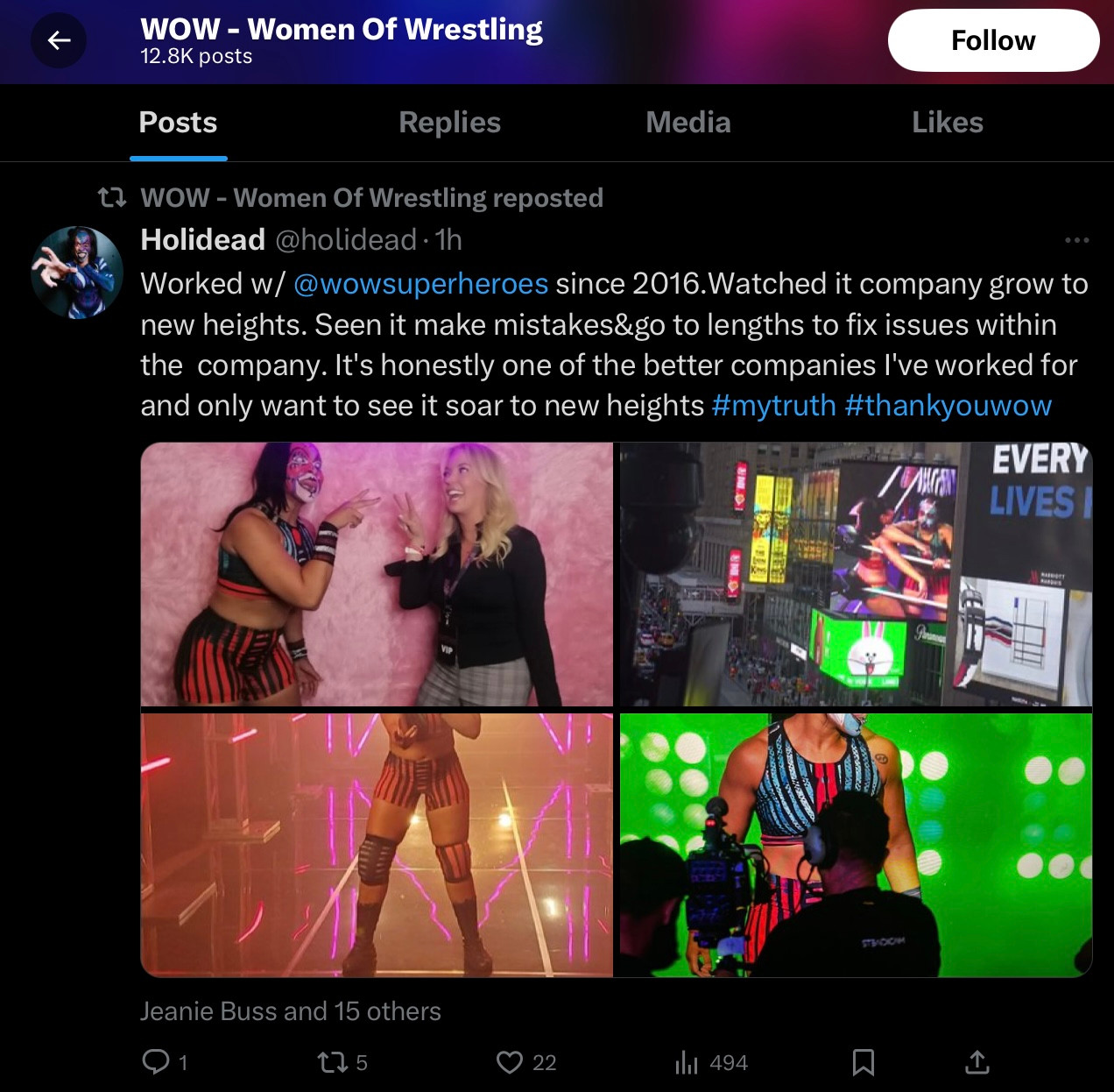 WOW - Women Of Wrestling reposted
Holidead @holidead
Worked w/@wowsuperheroes since 2016.Watched it company grow to new heights. Seen it make mistakes&go to lengths to fix issues within the company. It's honestly one of the better companies I've worked for and only want to see it soar to new heights #mytruth #thankyouwow