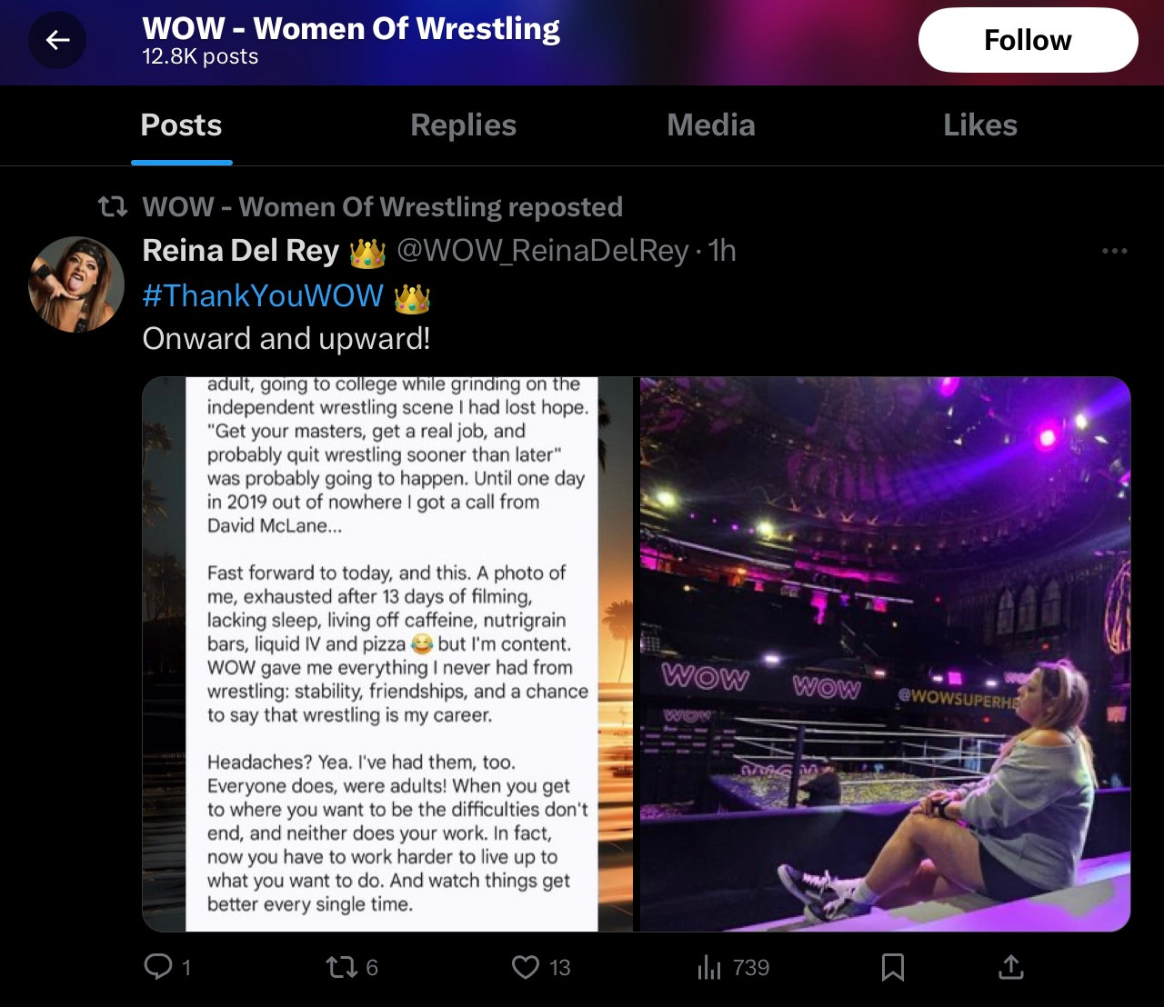 WOW - Women Of Wrestling reposted
Reina Del Rey
@WOW_ReinaDelRey • 1h
#ThankYouWOW (crown emoji)
Onward and upward!

(statement in next photo)