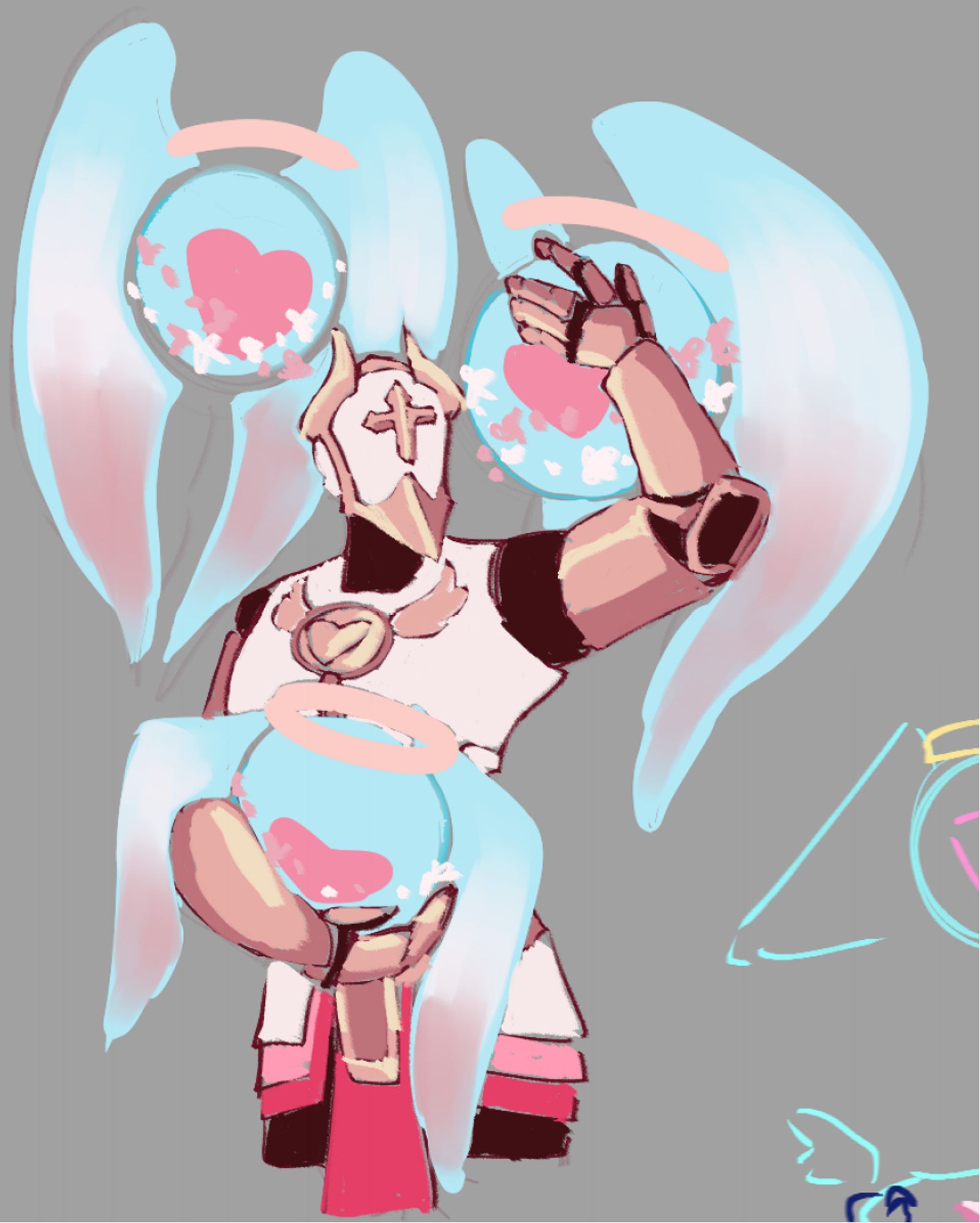 A drawing of Gabriel from ULTRAKILL and three Virtues. Two are flying above his head, with their inner crystals replaced with hearts. Their wings are turning pink at the tips, and instead of their chains they have flower garlands. One Virtue is resting in Gabriel's right arm. He's reaching the left up to pet at another. Gabriel's armor is slightly different - there's a heart in the middle of his chest plate instead of a circle, and his faulds and loincloth are pink instead of white. His golden armor parts are also changed to rose gold.