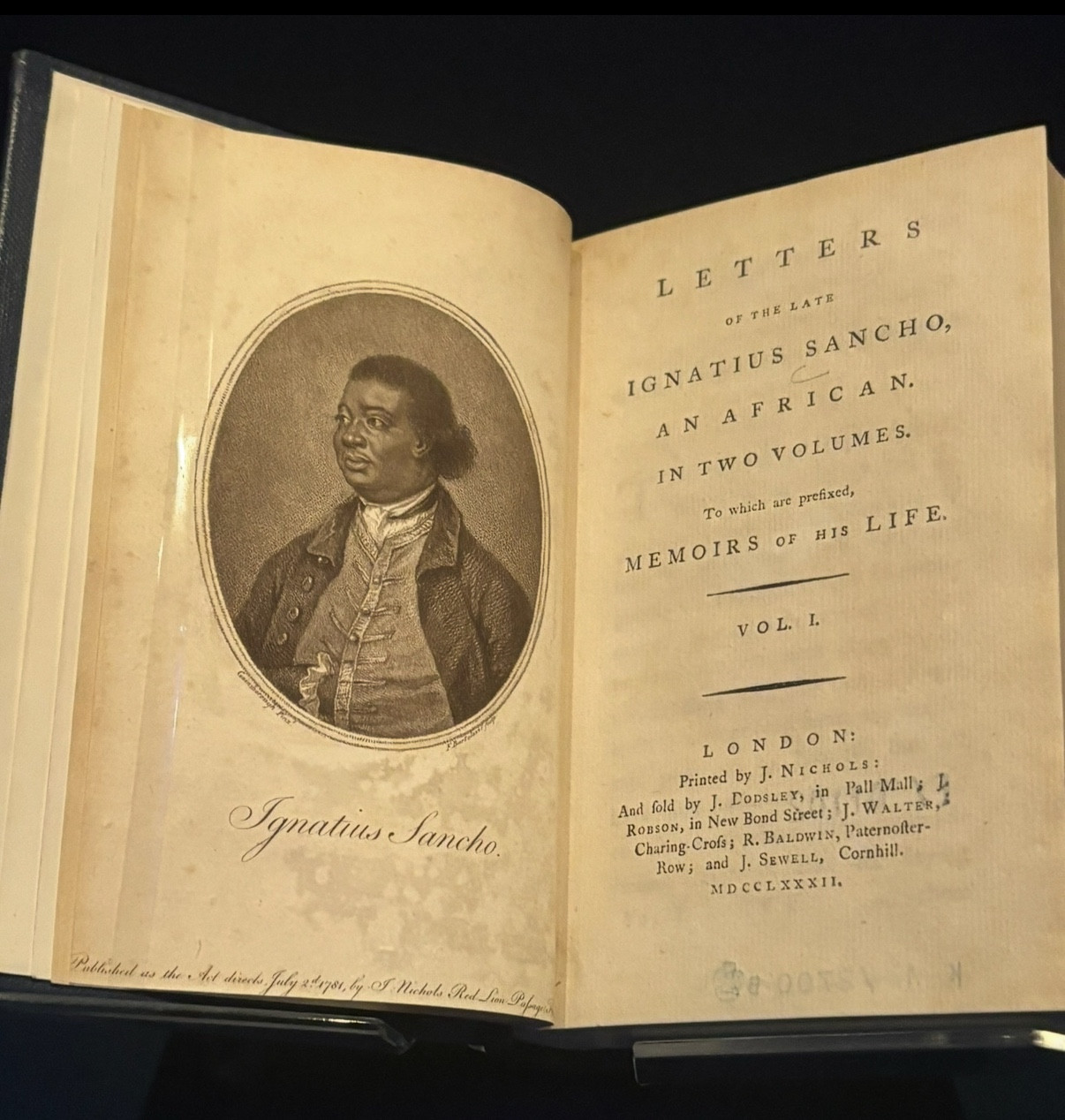 The frontispiece of the book of Ignatius Sancho’s Letters from 1782, with a portrait of him