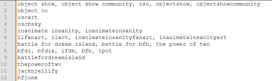 A list of keywords on a notepad program:
object show, object show community, osc, objectshow, objectshowcommunity
object oc
oscart
oscbsky
inanimate insanity, inanimateinsanity
iifanart, iiart, inanimateinsanityfanart, inanimateinsanityart
battle for dream island, battle for bfb, the power of two
bfdi, bfdia, ifdb, bfb, tpot
battlefordreamisland
thepoweroftwo
jacknjellify
hfjone