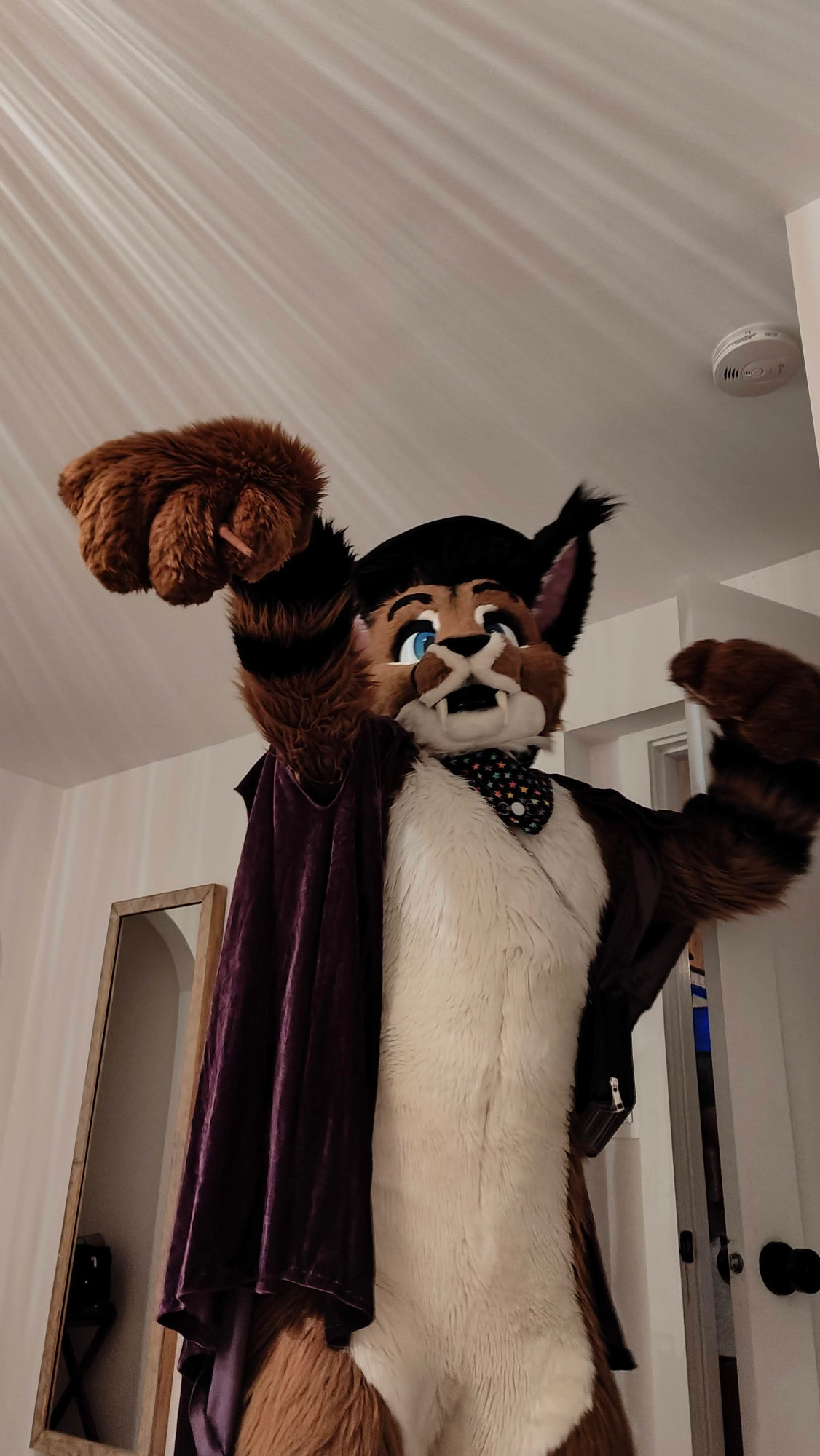 Cooper the Slightly Wise, a caracal fursuiter in a wizard costume, looming above the viewer ominously with his arms raised, one of them holding a magic wand which is pointed down directly at the viewer.