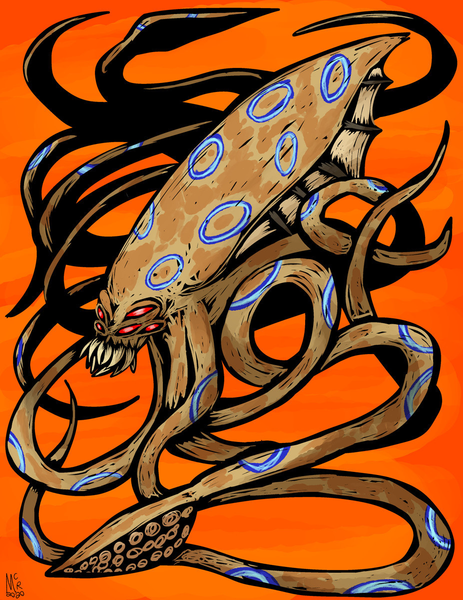 Yozore is a colossal giant squid kaiju and former guardian of Atlantis. It is protective of the Atlantic Ocean it inhabits.

Civil unrest had grown significantly during the course of the Peloponnesian War, with the destruction and death growing worse between Athens and Sparta. A growing number of people had grown disillusioned with the war and wished to break away from the warring city-states. However, such a task was seen as impossible until a group of skilled artisans, engineers, and scientists came together. Unbeknownst to the rest of the world, extraterrestrials had visited Earth long before. A Greek archaeological expedition stumbled upon a crashed vessel, leading to the discovery of its technology. Though damaged and not fully replaceable, what remained had been repurposed for their own uses. The drive to break away from old cultures combined with new technology and tools culminated in the creation of a new kingdom: Atlantis.

They had grown more arrogant and violent as time went on, outliving their contemporaries and witnessing the world change. Modern society polluted their oceans immensely as well as over-harvested their fish. Yet their own hubris had blinded them, as they were guilty of polluting the ocean and driving many undersea species to extinction. The kaiju had also grown much more resistant to their sonar control. When the time came to declare war on the surface world with Yozore as the tip of their spear, the kaiju ultimately betrayed the Atlanteans and destroyed their city. The population drowned, and the city was dragged to the bottom of the ocean. Yozore was free to wage its own war upon the surface.