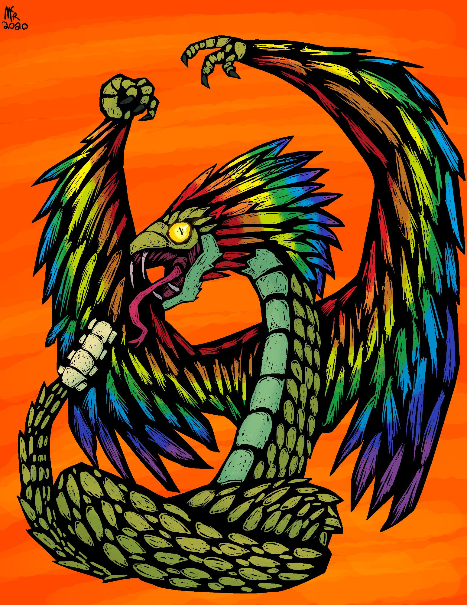 Qetz was the guardian monster of the Aztec Empire in its prime and the protector of Mesoamerica, as well as the de-facto leader of the five feathered serpent kaiju. The feathered serpent protects the land of Mexico.

Thousands of years ago, the region from Mexico down to South America was home to a plethora of many exotic kaiju. The most iconic were the feathered serpents, a unique family of snakes capable of flight. Their origins were from the great amniotic fluid like all cryptids and kaiju. From the feathered serpents, a few were able to evolve into kaiju. These feathered serpent kaiju - Awanyu, Kukulkan, Xiuhcoatl, Qʼuqʼumatz - all held supremacy over the region, but chief among them was Quetzalcōātl. Being the most powerful of his brethren, he kept them in line with strict discipline and violence if needed. Together, they were known as the Five Sons by the proto-Mesoamerican society that worshipped them. They guarded the land and protected their progeny from other kaiju. As cultures in Mesoamerica changed and diversified - across the Olmecs, Zapotecs, Maya, Toltecs, Aztecs, and others - so did the perception of the feathered serpents, the knowledge from the proto-Mesoamericans recontextualized, misinterpreted, mistranslated, forgotten, or even rewritten across various scholars. Though human civilization changed, the Five Sons remained steadfast in protecting their territory from other kaiju and humans who lacked trepidation.   At some point, Qetz had gone to do battle with a kaiju named Tezcatlipōca, chasing him across the sea. The latter was ultimately killed but not before greatly wounding Qetz. Despite his best efforts, the great feathered serpent did not possess the strength to return all the way back to Mesoamerica and ultimately had to burrow inside a mountain that would one day dwell within Rio de Janeiro. Thousands of years later, Qetz awoke and cut a bloody swathe across the land to return home.