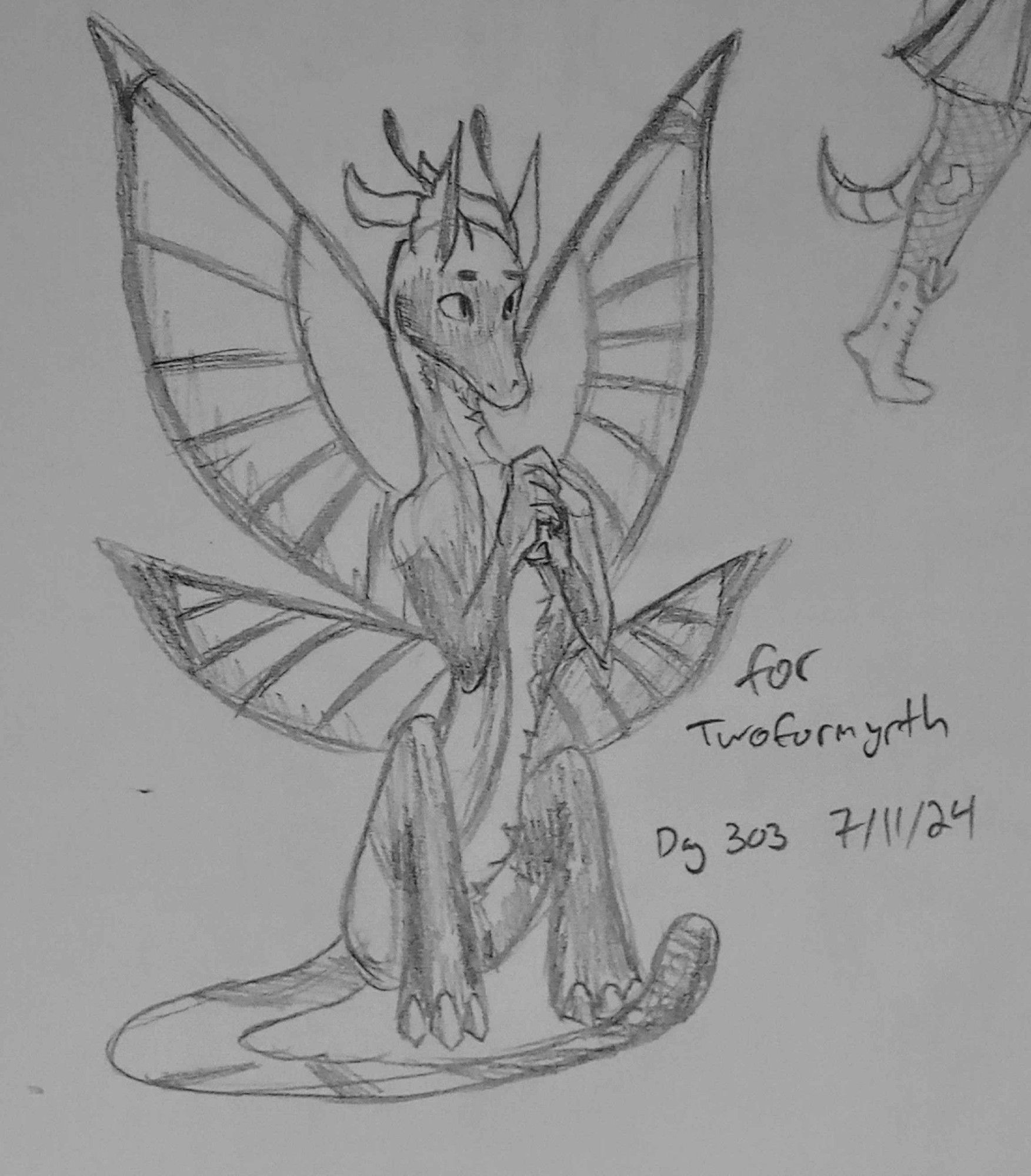 a sketch of a dragon with butterfly wings