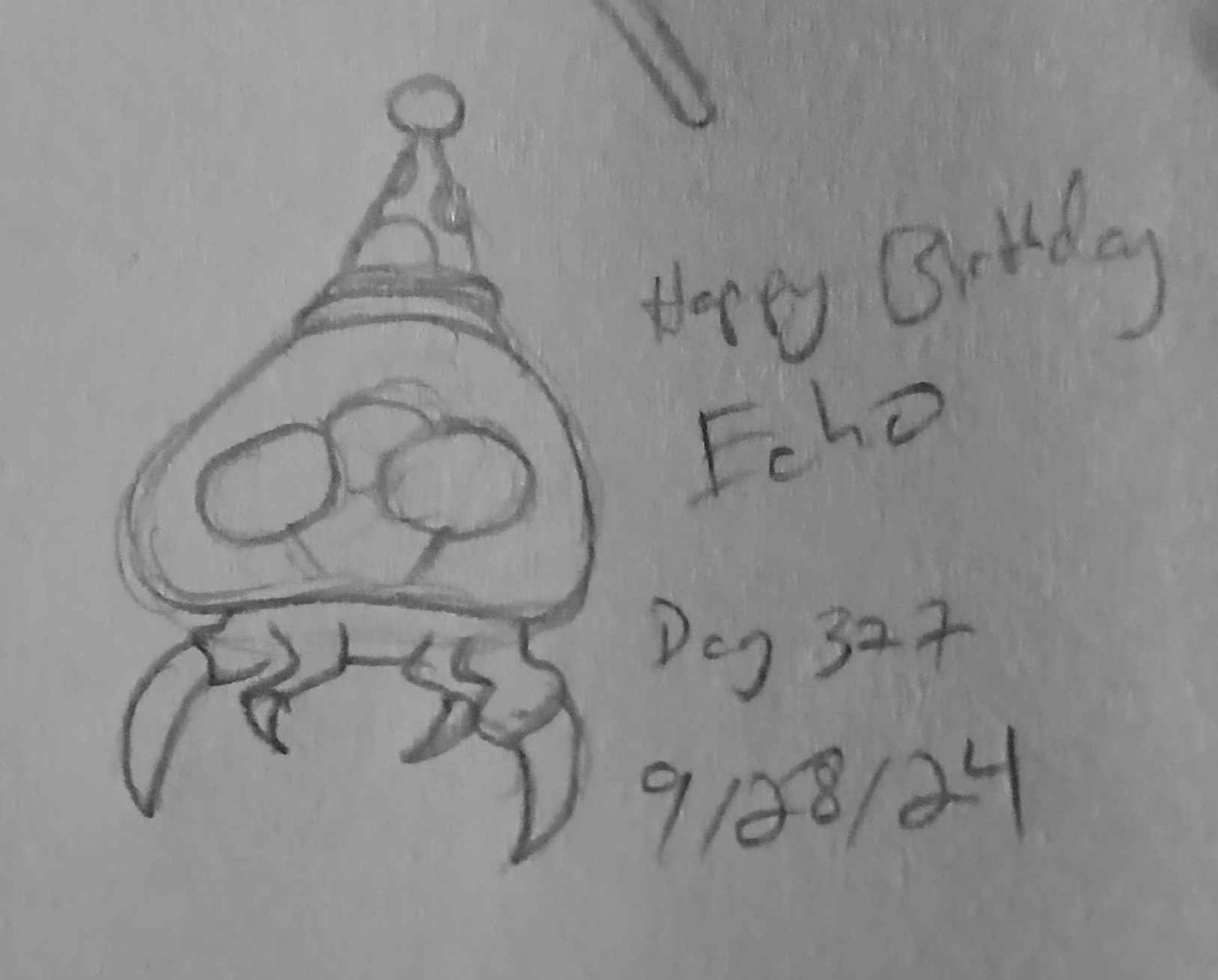 a sketch of a metroid in a party hat