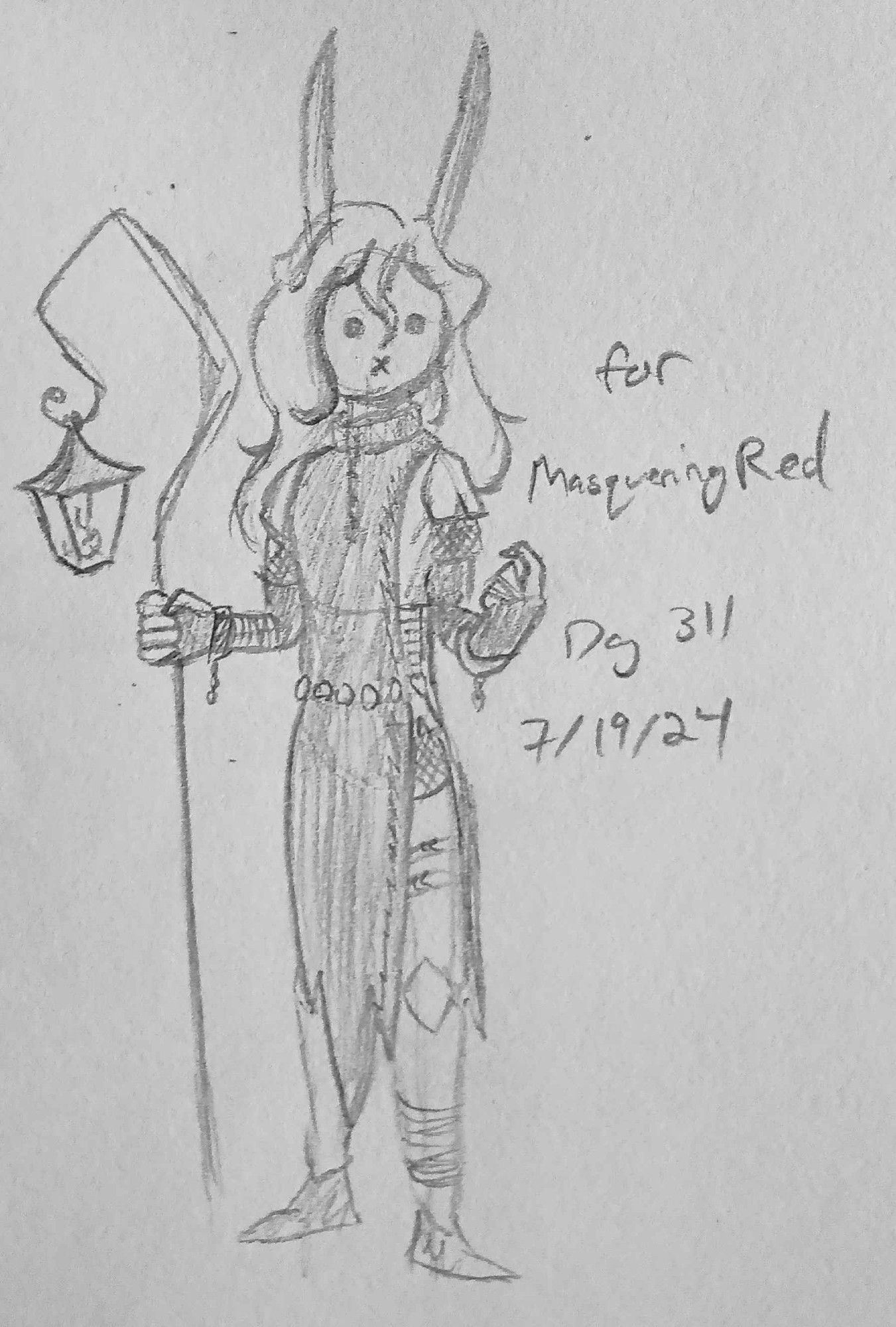 a sketch of a person wearing a bunny mask and holding a metal staff with a lantern hanging from the end