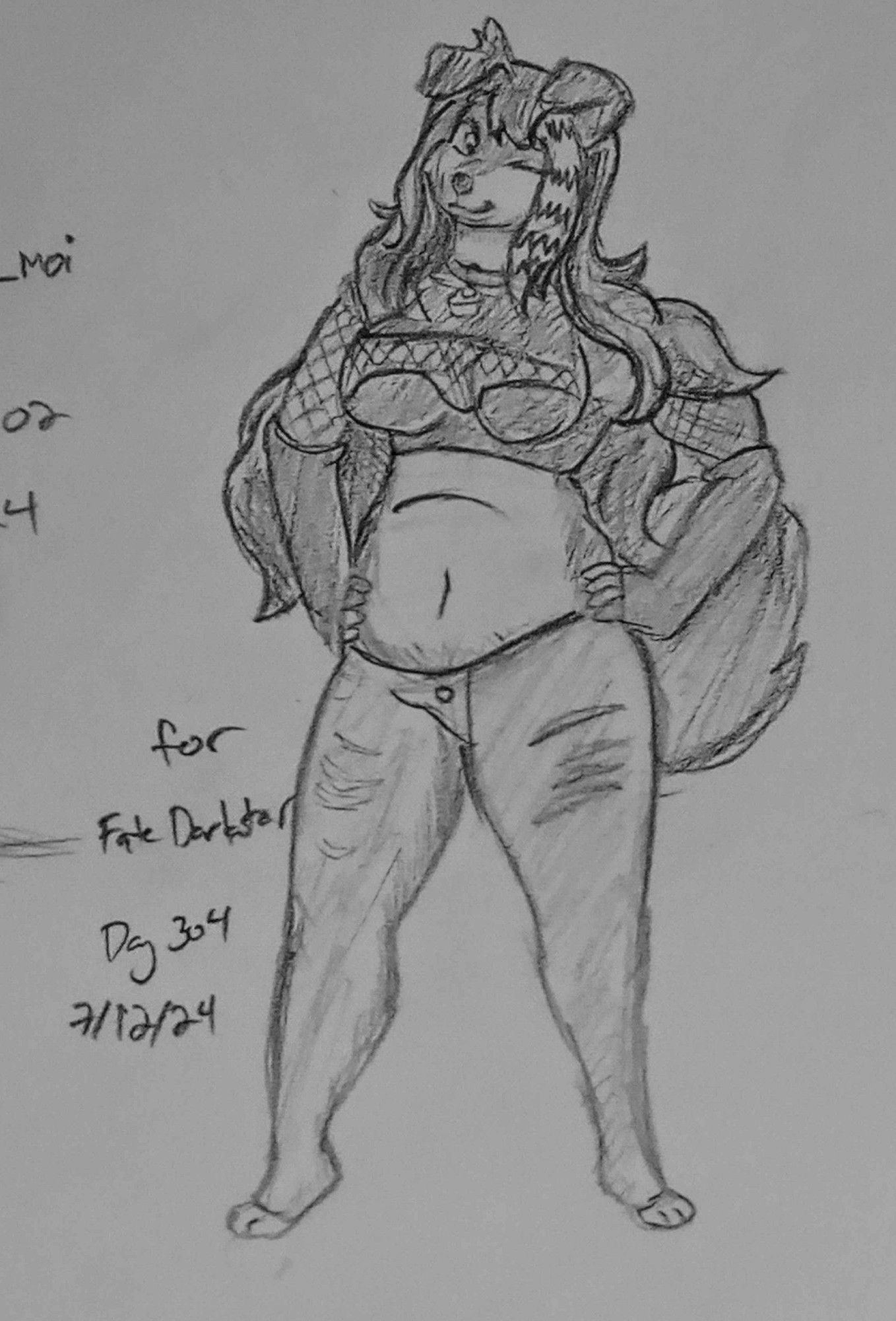 a sketch of an anthro dog with long hair with her hands on her hips