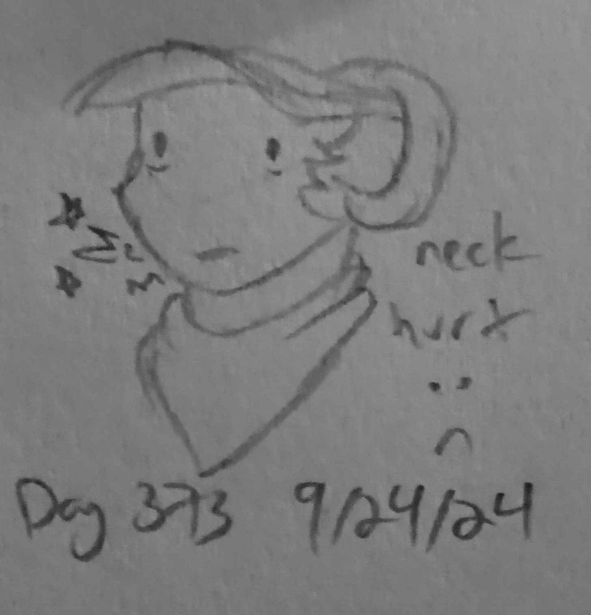 a sketch of Jorb in pain with her neck out of whack