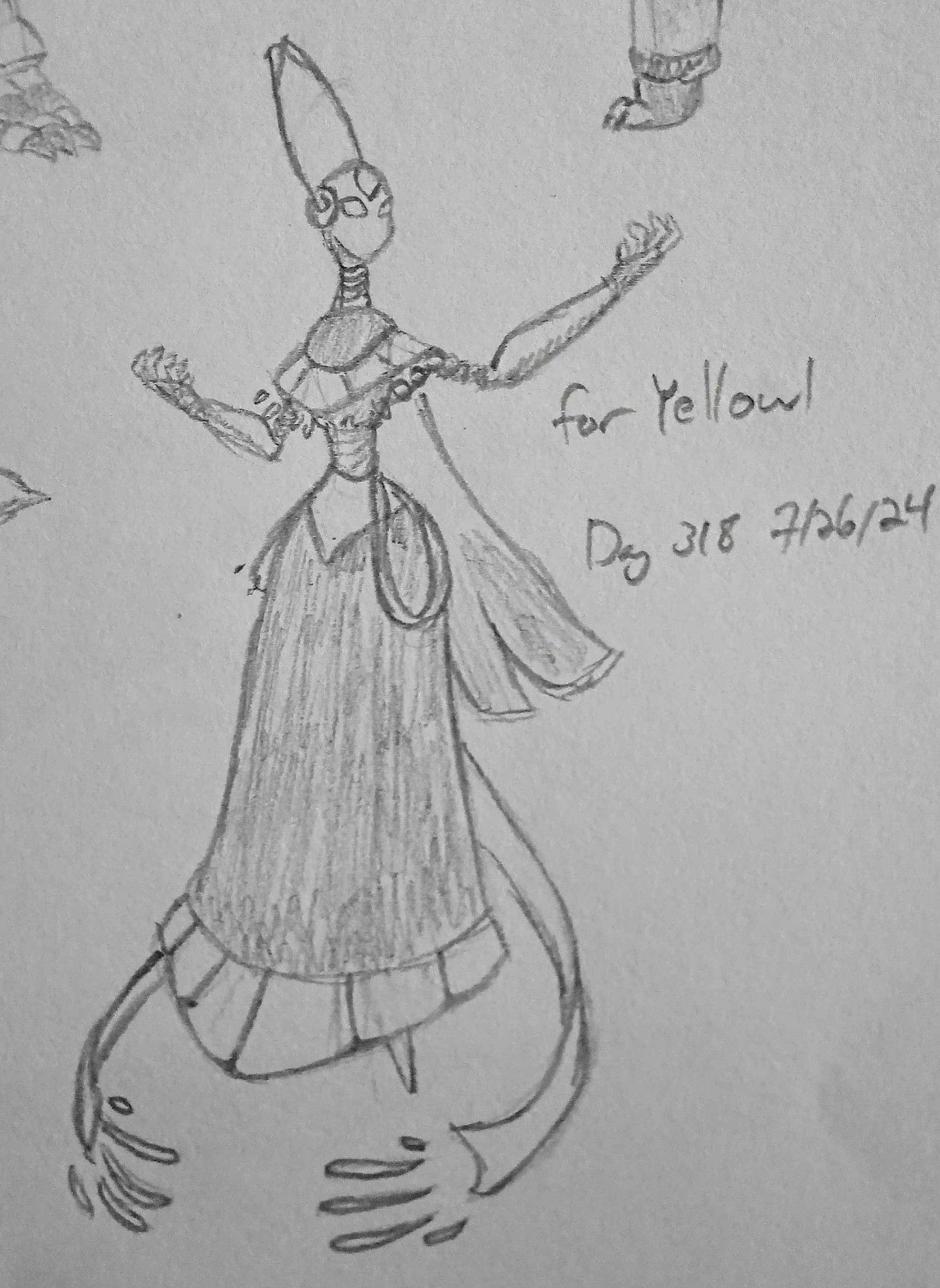 a sketch of an alien robot in a long flowing dress with her arms held up