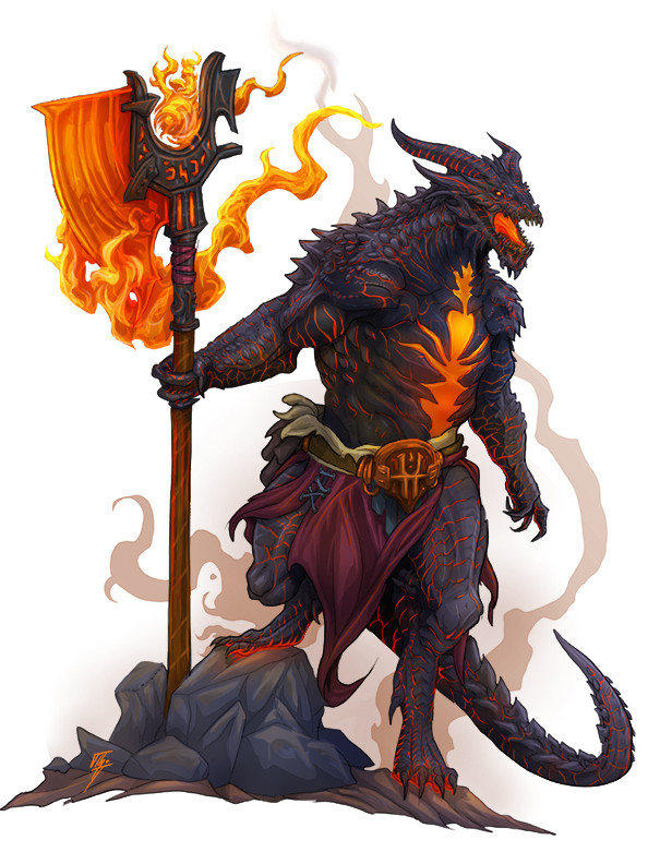 An obsidian dragonborn barbarian holds a fiery greataxe of Hastur while surveying their surroundings.