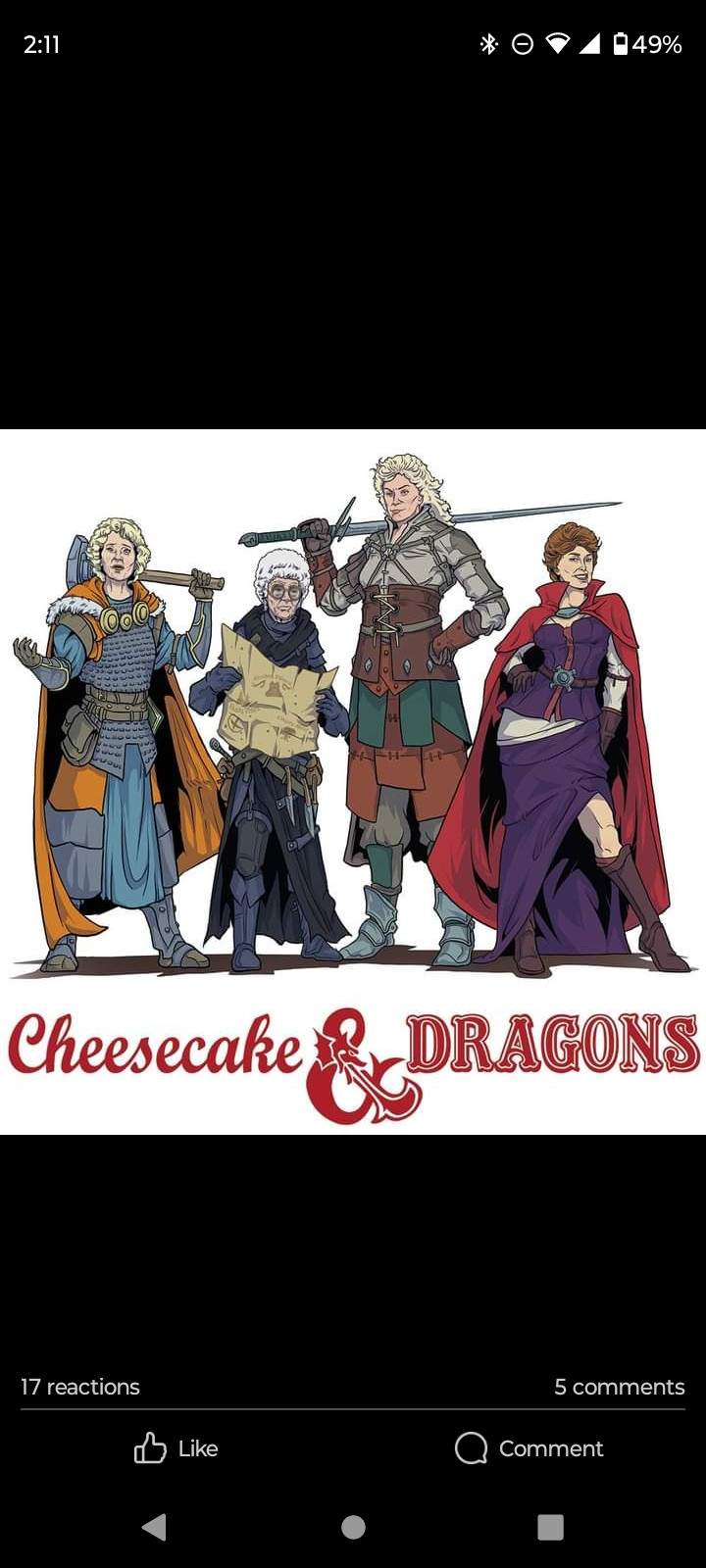 Drawing of The Golden Girls as D&D characters, labeled "Cheesecake & Dragons". 