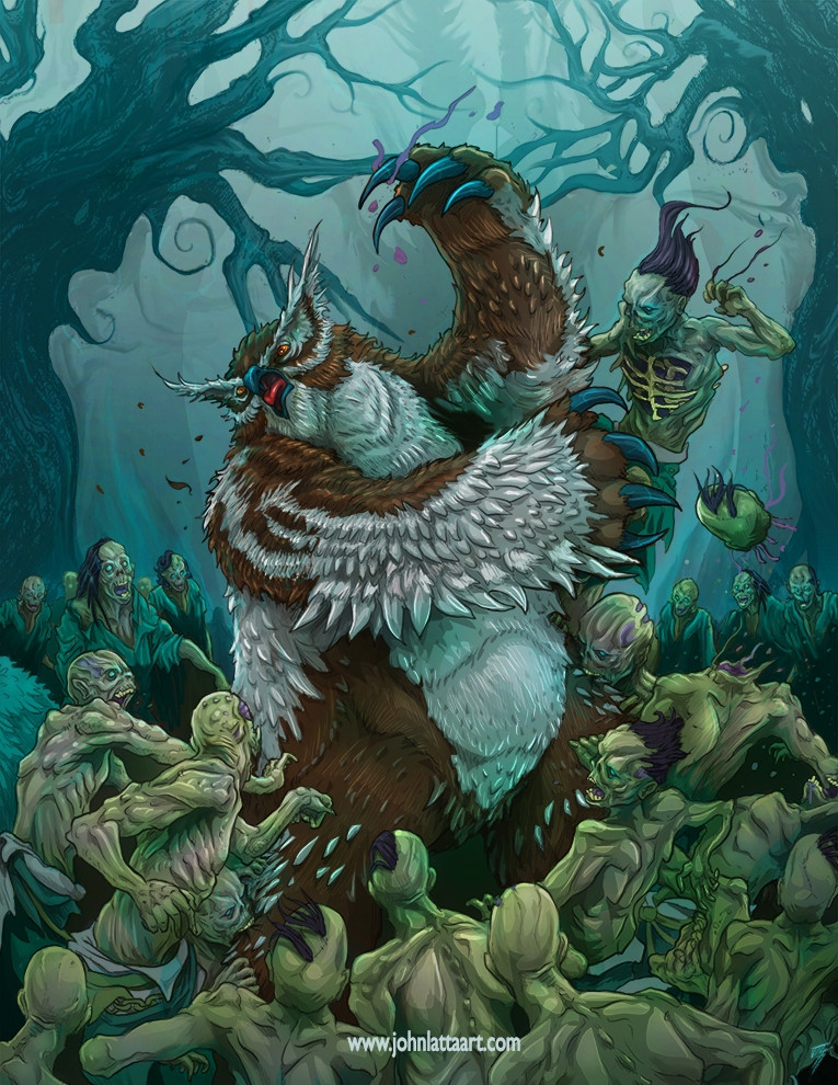 An owlbear fights desperately against a horde of zombies under a dimly lit leafless forest canopy