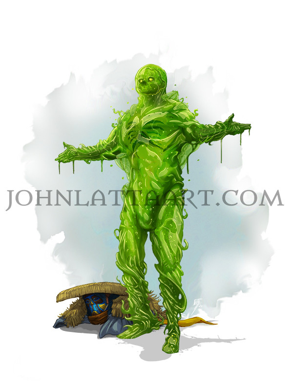 A semi-translucent green ooze in humanoid form stands beside a pile of discarded druid clothing, arms open in greeting.