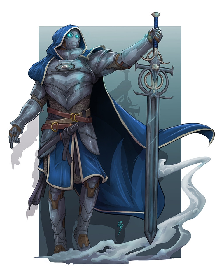 A warforged in a blue hooded cape and tabard hoisting a custom great sword 