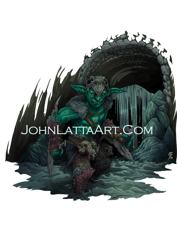 A cutaway of a goblin barbarian lurking through an old town sewer line.