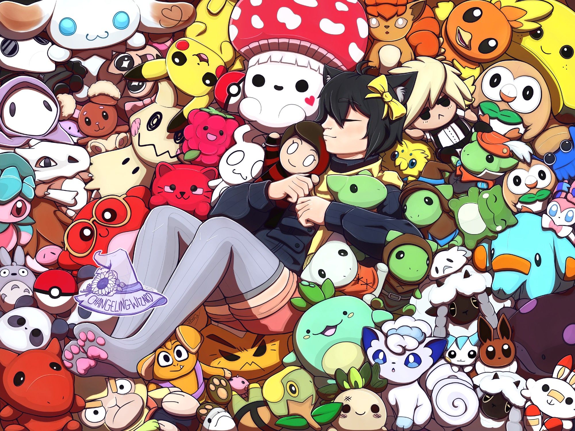 Illustration of the creator JoCat sleeping in a pile of plushies, all colors of the rainbow.