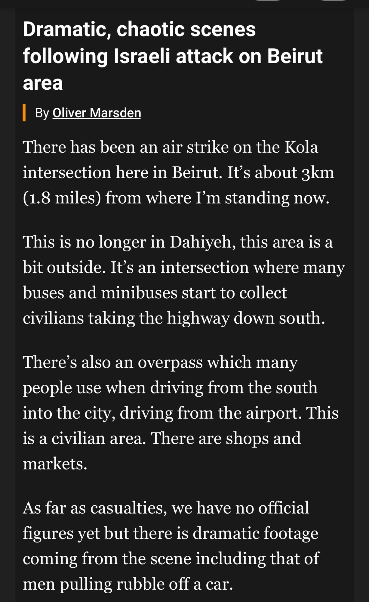 Screenshot from Al-Jazeera feed. Article reads: “There has been an air strike in the Kola intersection here in Beirut.” The piece emphasizes that the strike was in Beirut proper, in an area that is a transit hub. It emphasizes that this is a civilian neighborhood with shops and markets.