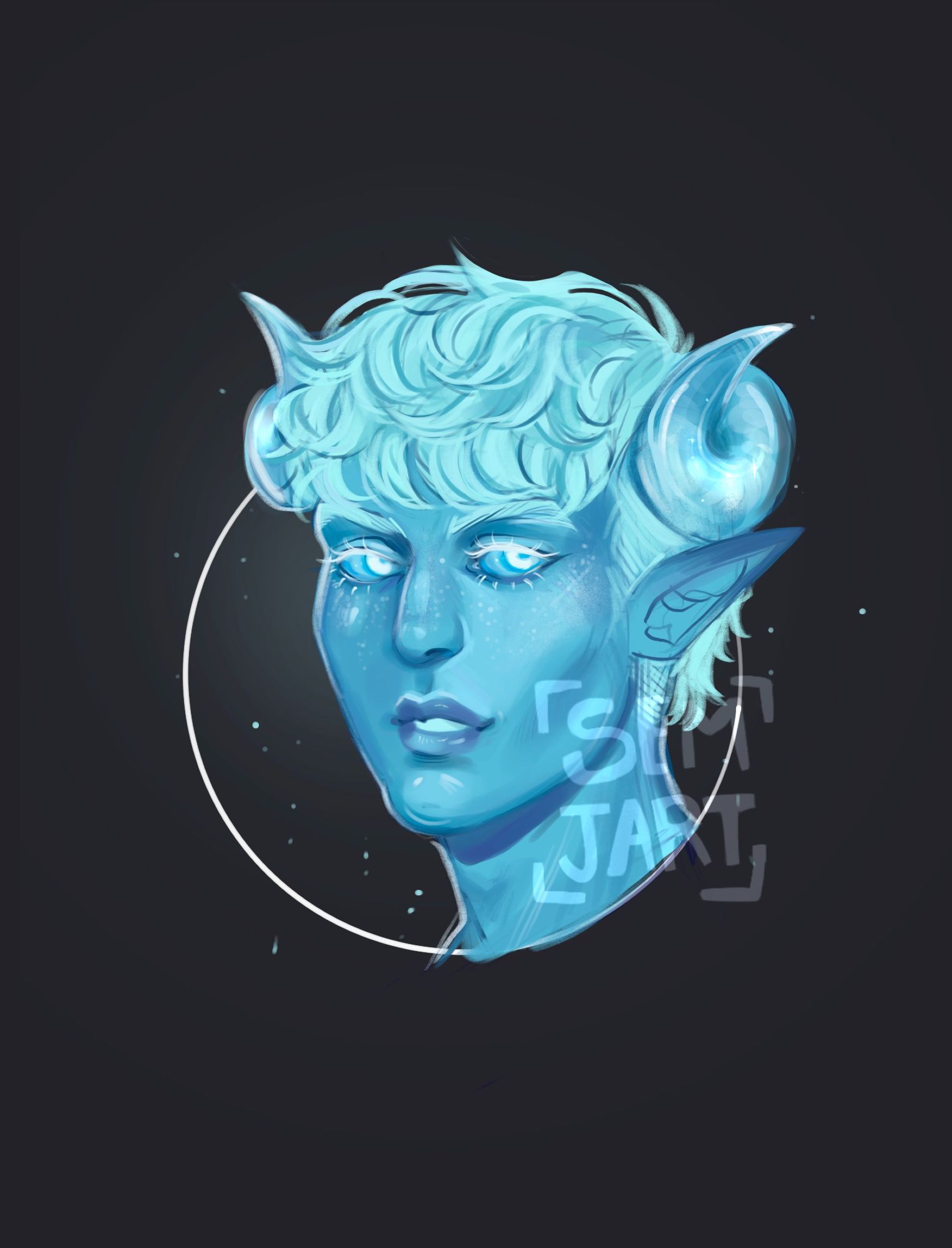 a headshot drawing of an androgynous looking fantasy character with pale blue skin, blue hair and horns made out of ice, they have pointy ears and piercing white eyes with white lashes