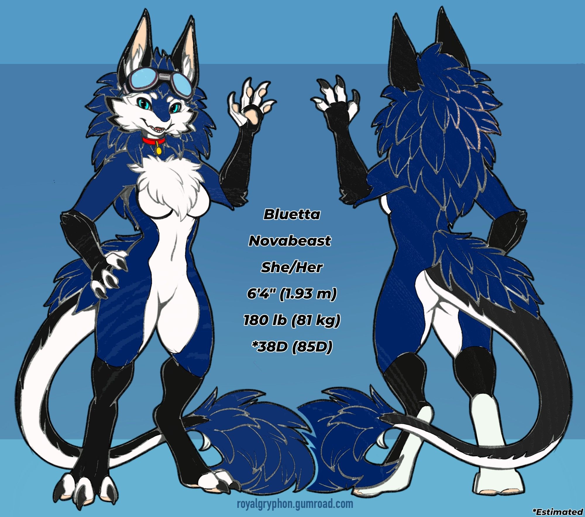 A reference sheet for my fursona Bluetta the Novabeast.