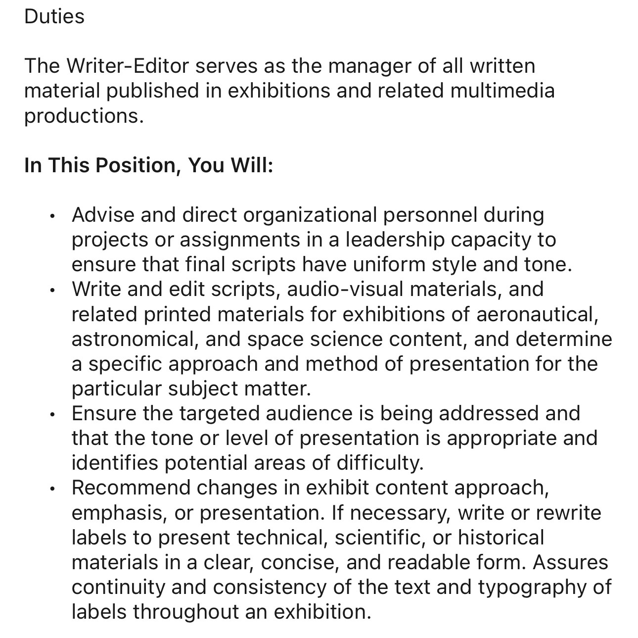 A screenshot of the job description from the job linked in the post.