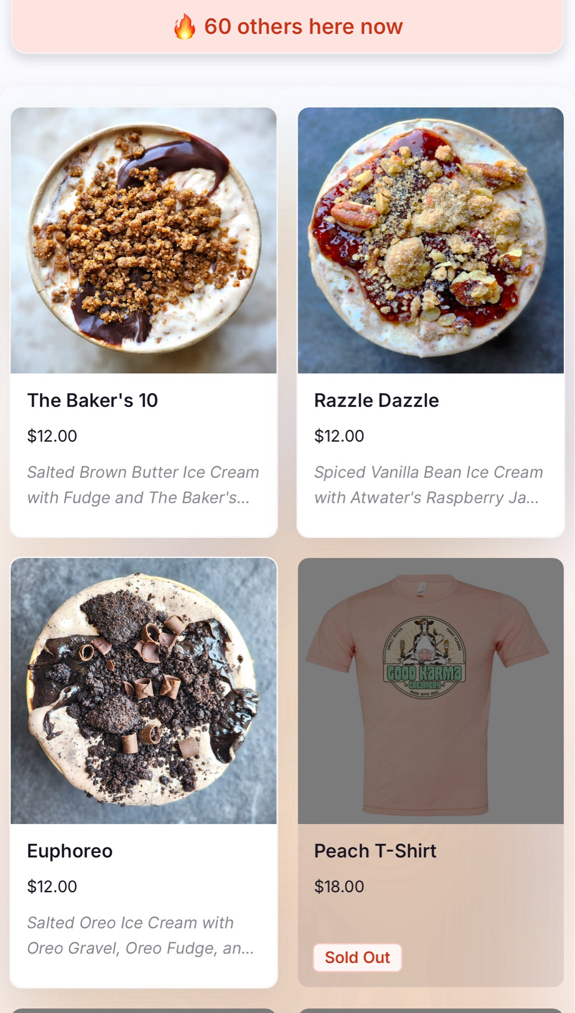 Good Karma Creamery’s order page, with three ice cream flavors and delicious looking pictures of each: The Baker’s 10, Razzle Dazzle, and Euphoreo.