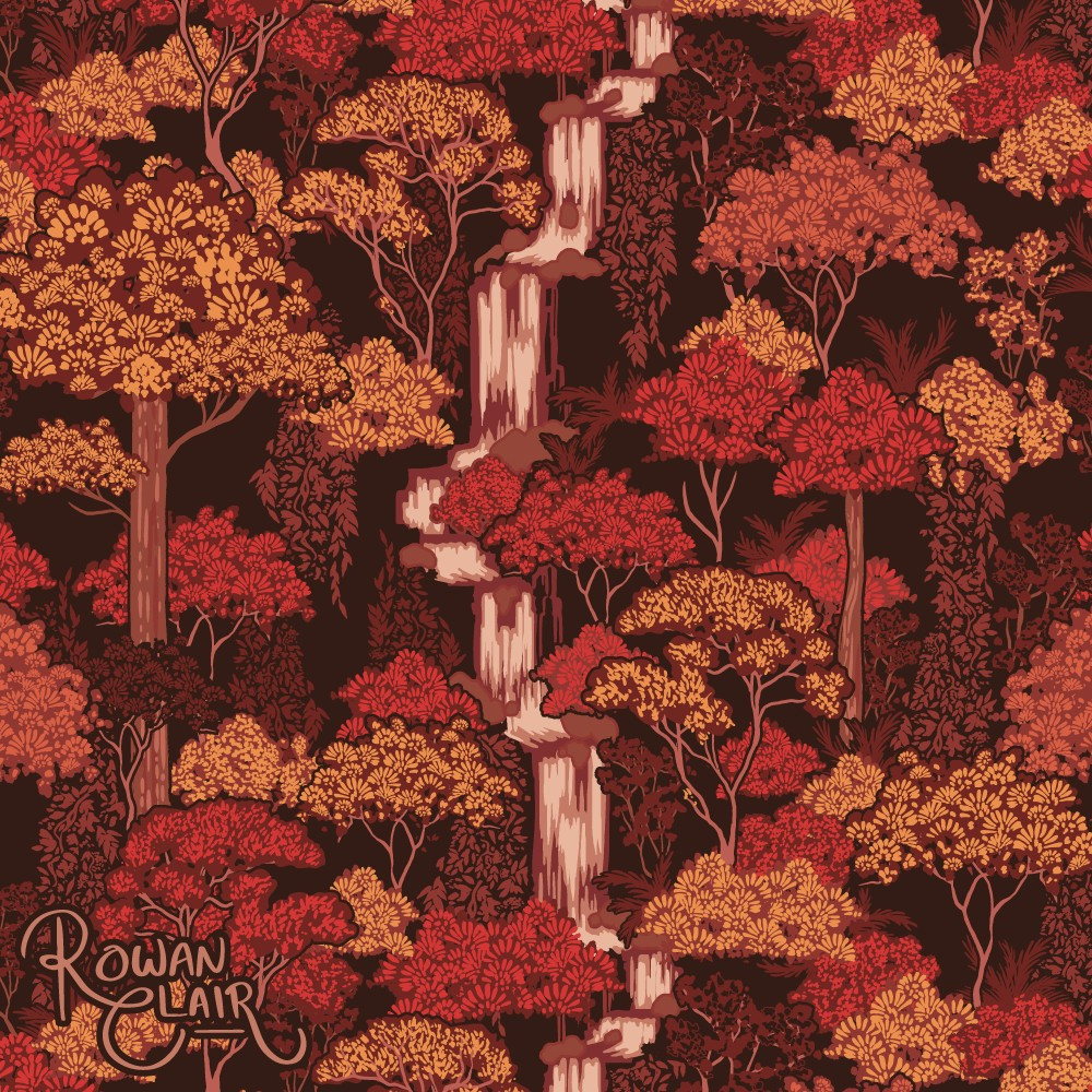 A repeating pattern showing a river flowing through an autumnal forest.