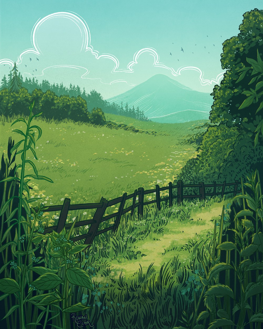 An illustration of a field on a summer's day.