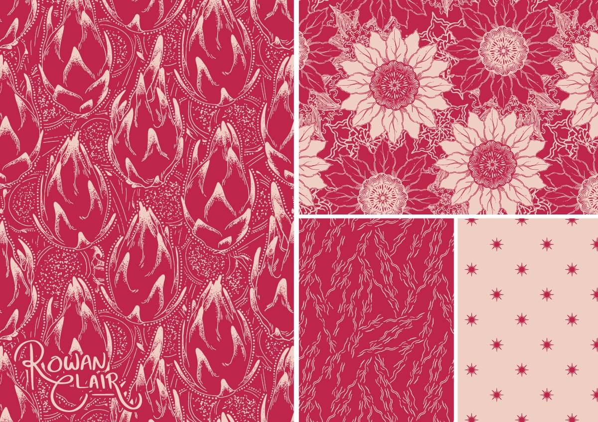 A collection of pattern designs inspired by the colour magenta.