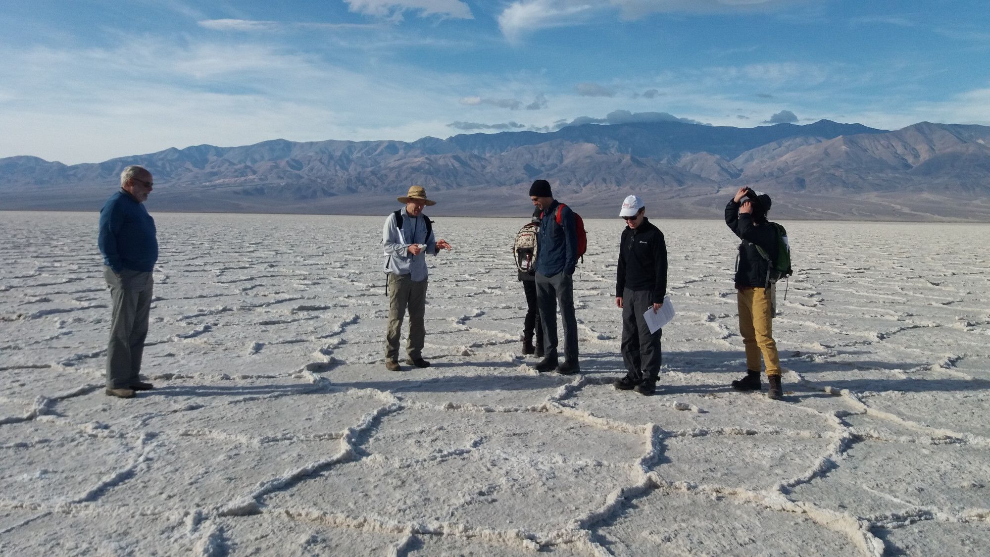 Tim Lowenstein (straw hat) and a few of the team on the Death Valley saltpan in 2018