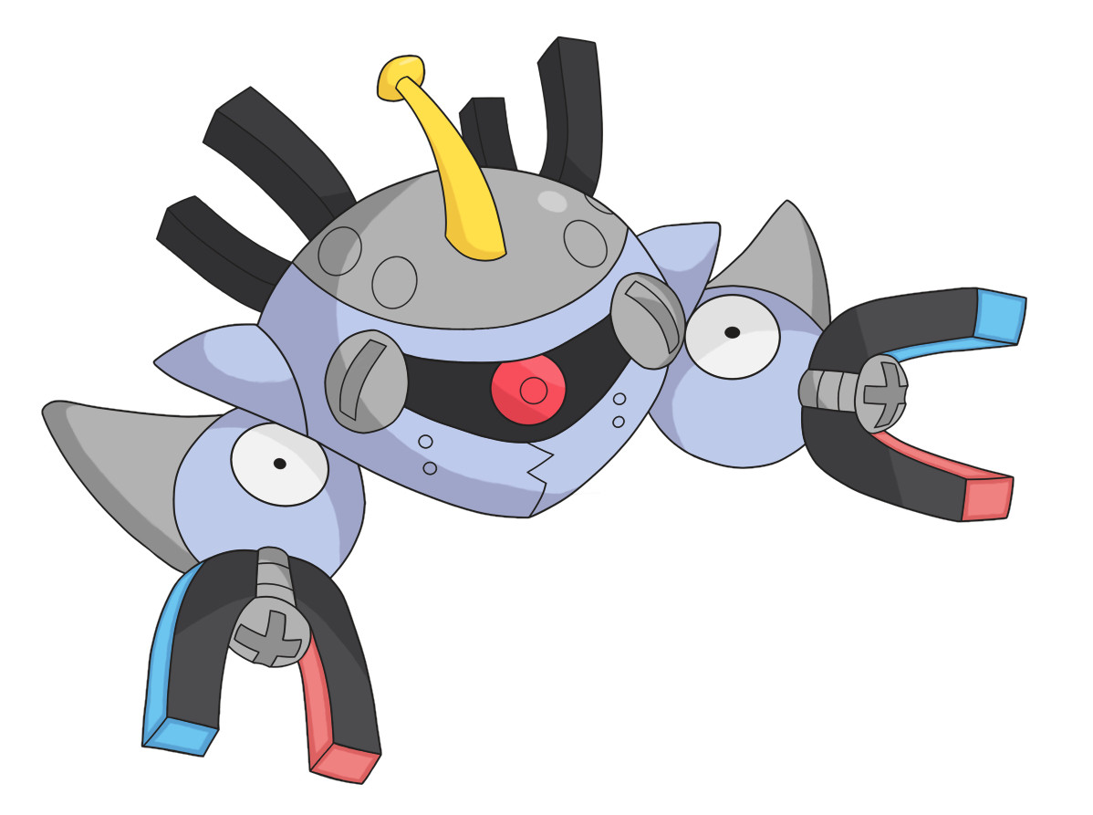 Mega Magnezone. The body has gone back to being three cycloptic segments. The main body is angular with a jagged shape etched below the eye almost like an insectoid mouth. Each Magnemite-like hand has a wing-like edge and the magnets facing forward are glowing red and blue.