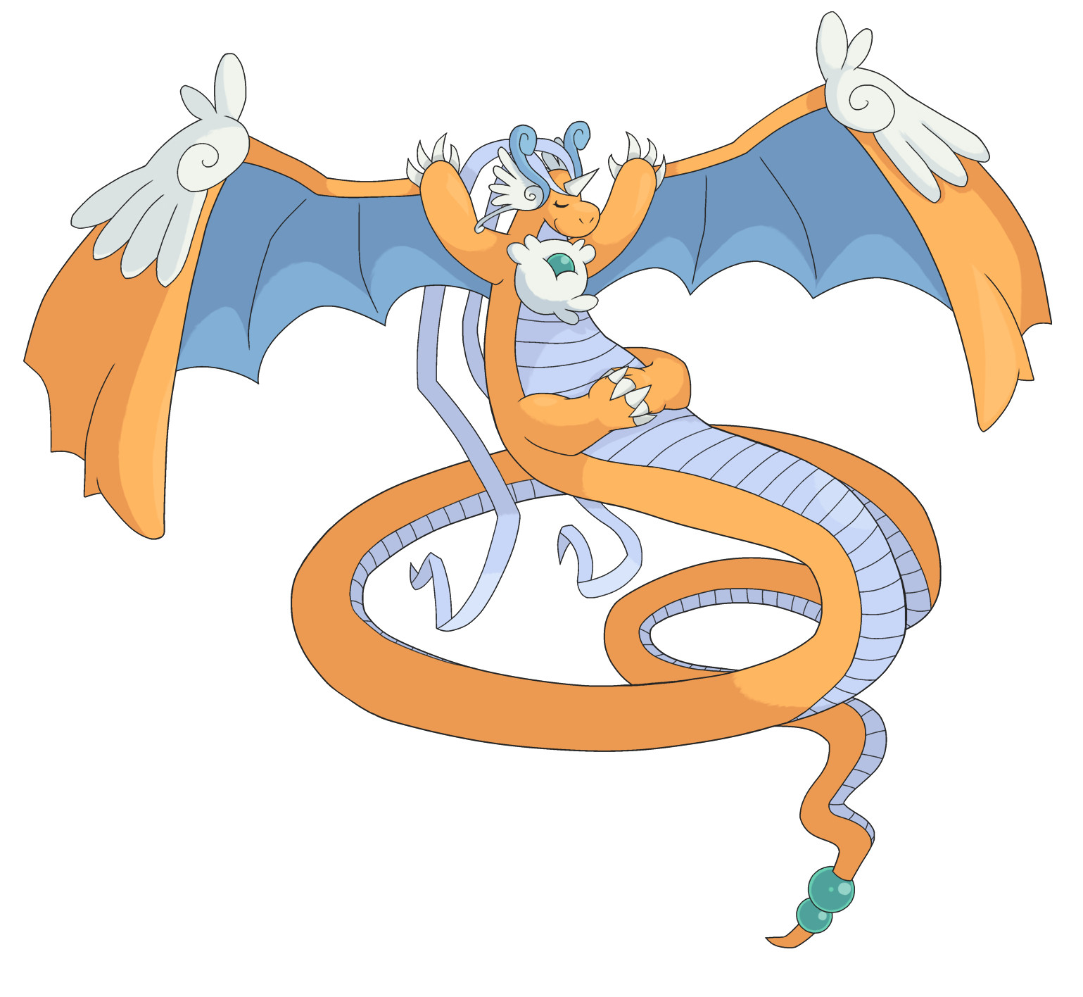 Mega Dragonite. The tail has extended out a long way to make the body more serpentine. The wings sprout from the arms and extend far outward. The legs are clasped together and there are a number of fluffy/feathery areas as well as teal spheres embedded in the body.