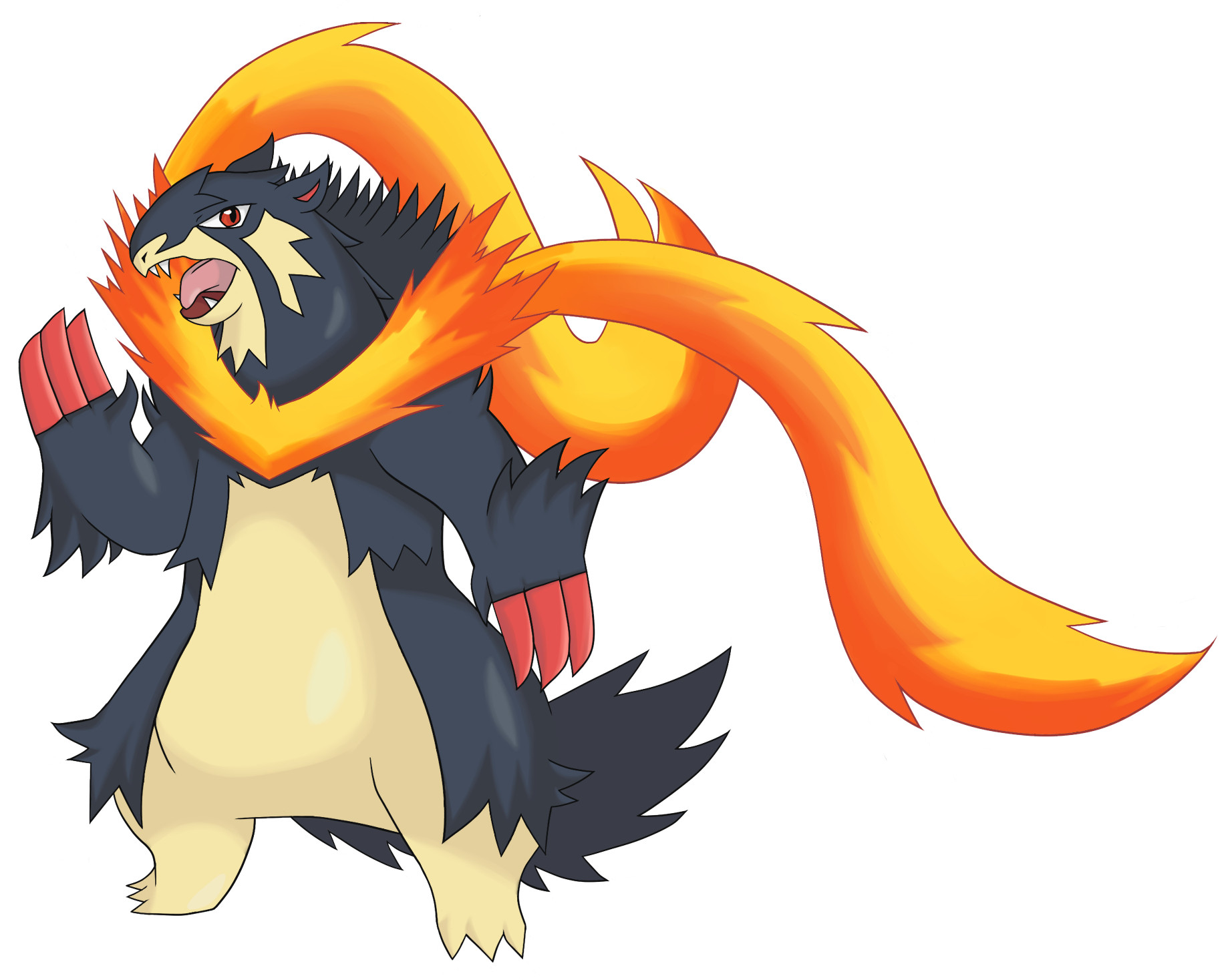 Mega Typhlosion. Possesses bright red claws and a v-shaped flame on its chest that transitions into two fiery streamers on its back.