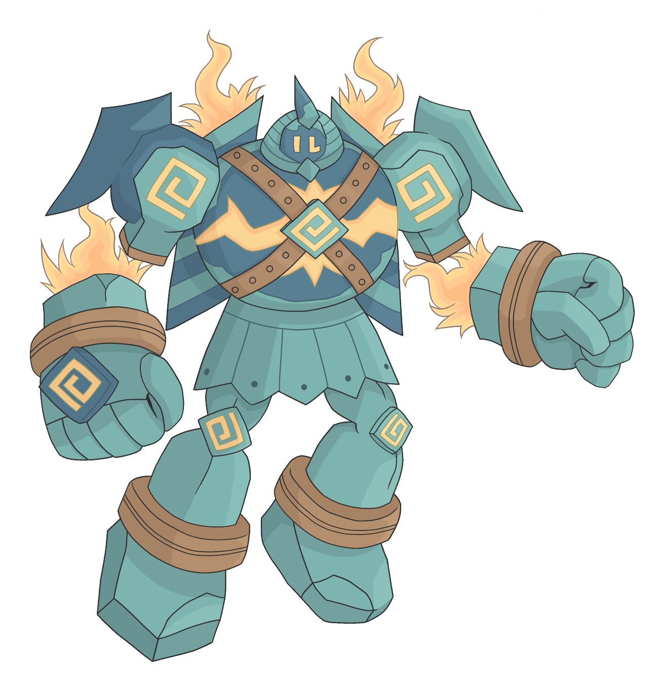 Mega Golurk. A large crack extended across the chest although a larger seal holds it closed with crossed belts. The hands fly separate from the body and orange flames jet out from the wrists and the pylons on the back. The helmet has a pharaonic headress-like design as a homage to Giant Robo.