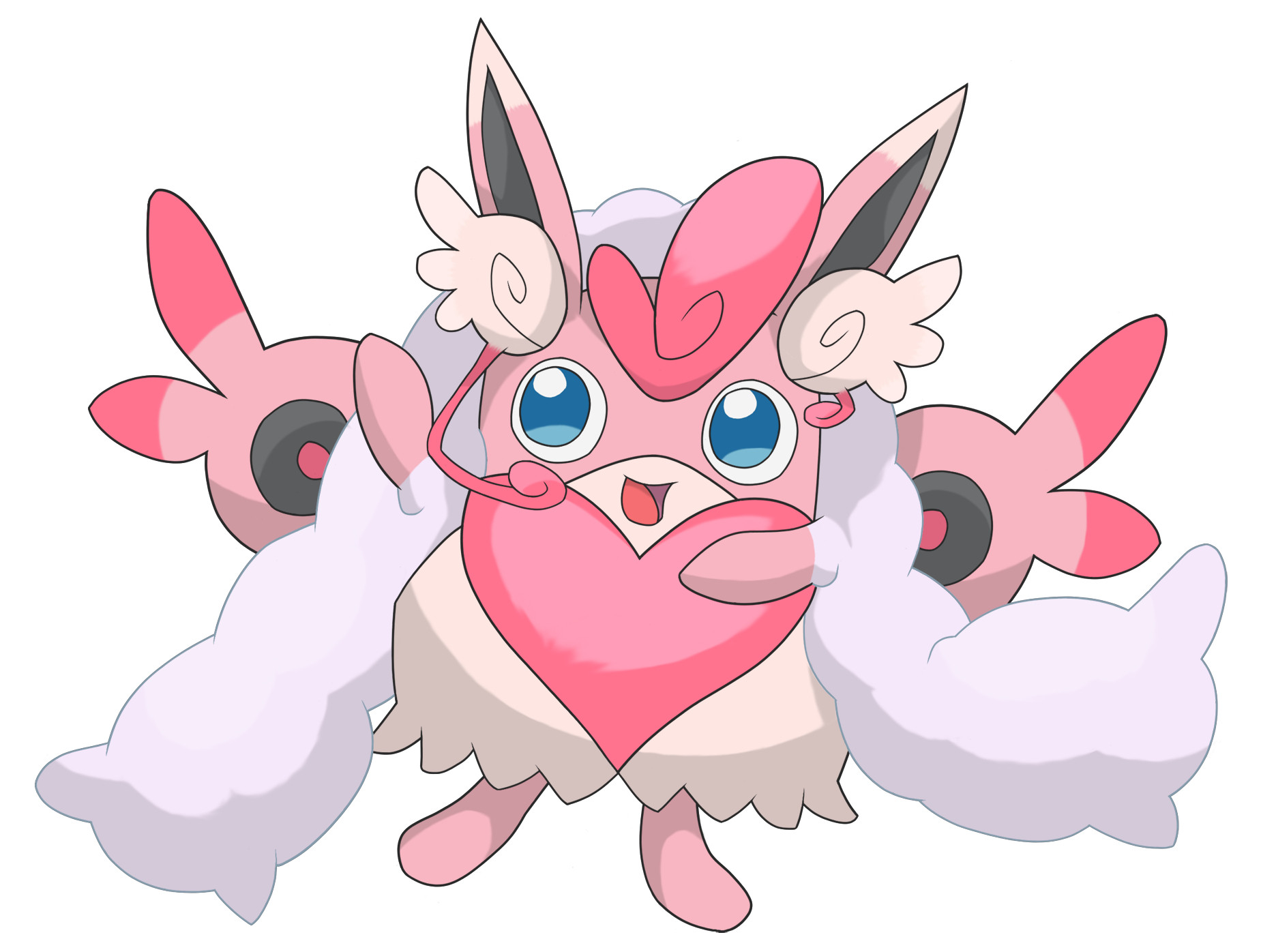 Mega Wigglytuff. Cloud-like fur resembling a feather boa surrounds its head and two speaker-like wings poke out from behind. It possesses number of heart-like symbols as well as wing-like ear fluff that seem to function as a headset microphone.