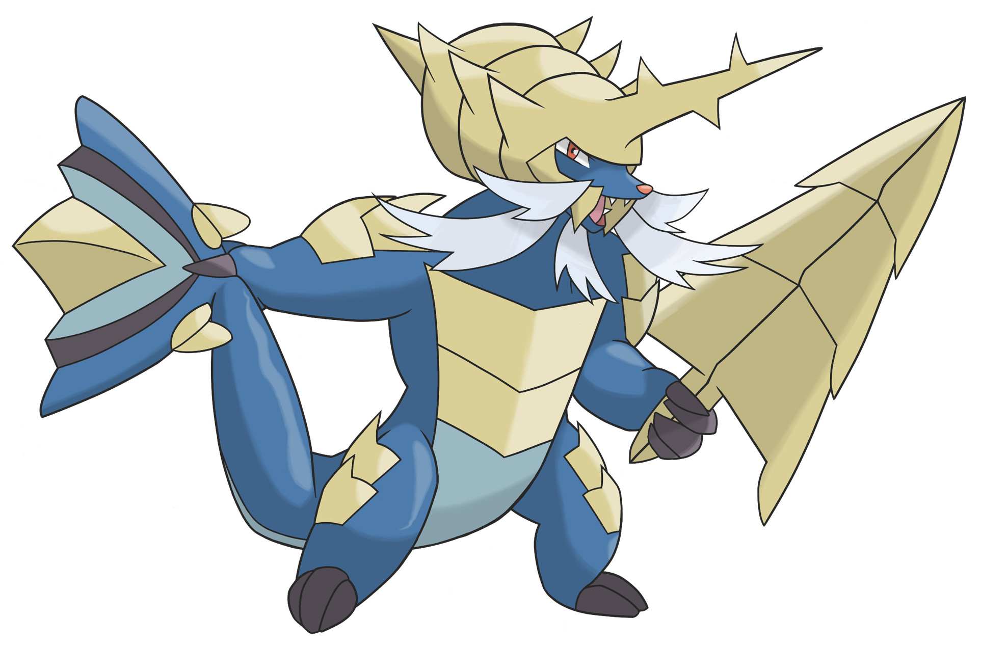 Mega Samurott. Stands on two legs thanks to a long tail that ends in a seashell-like fan. Some of the armor has come off to form a huge sword.