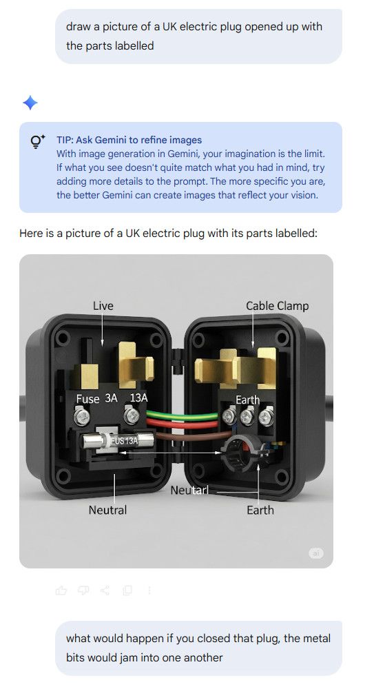 image shows the result when you ask Gemini to draw a UK plug with the parts labelled, and the result is badly messed up