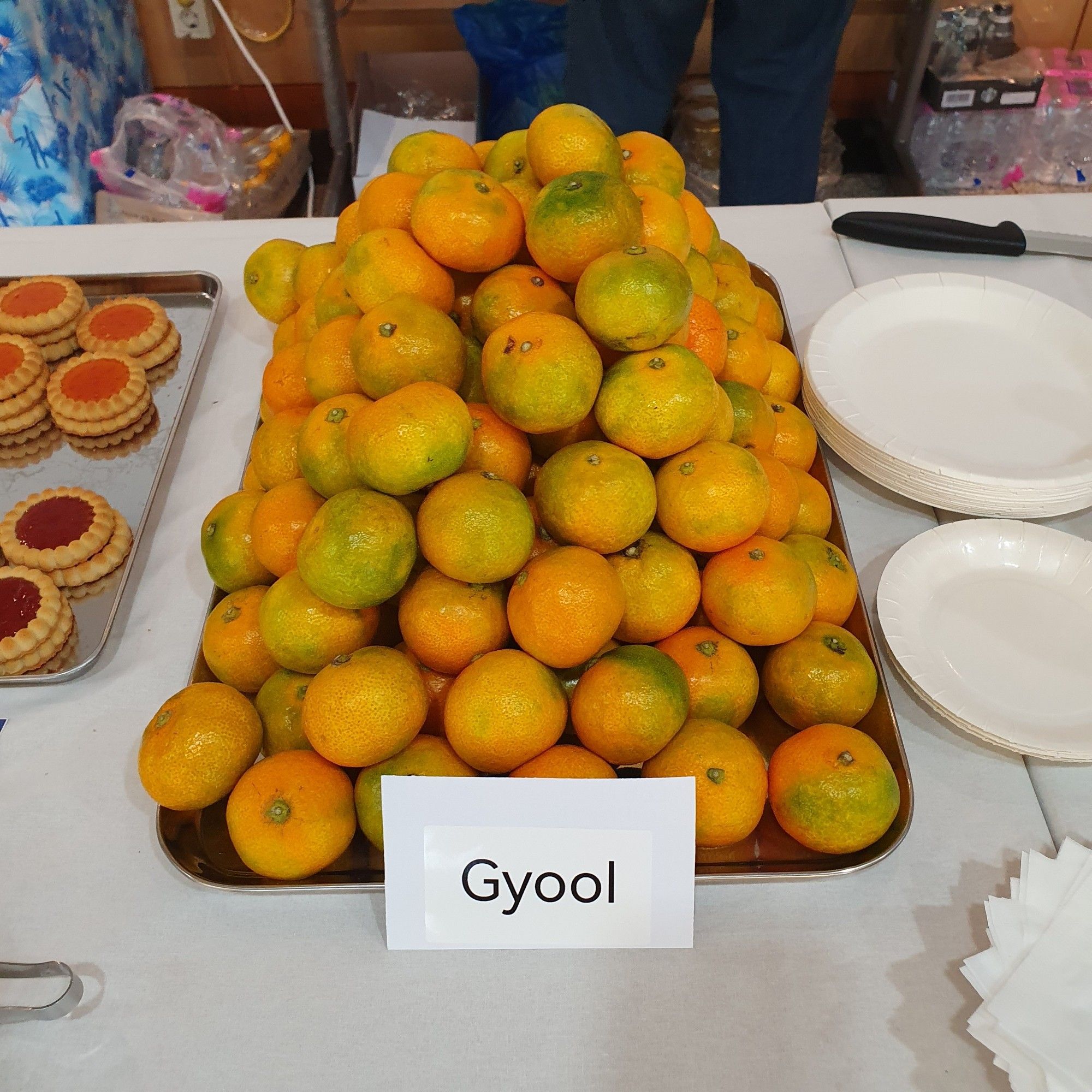 A rectangular platter on a buffet table, stacked with small citrus fruit, with a small sign in front that says "gyool".