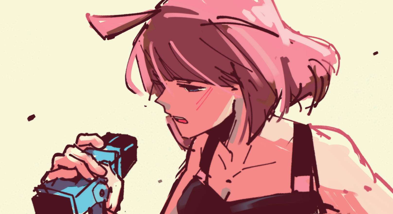 Artwork of Beat from Unbeatable, a pink haired girl, singing into her mic.