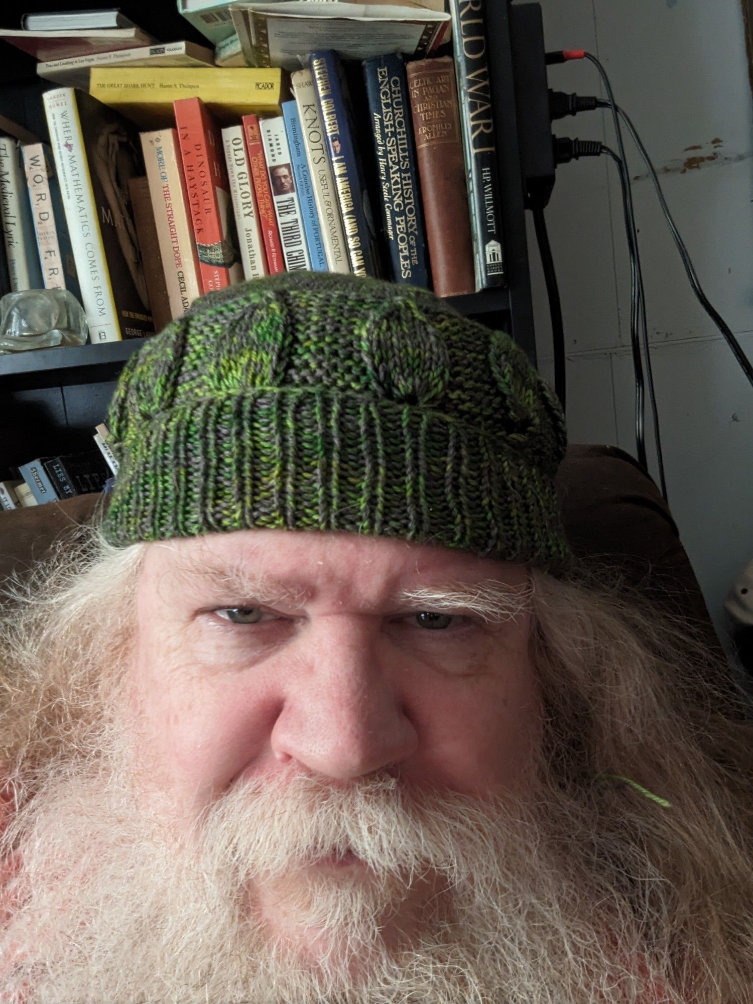 Me, old man w grey and red hair and full beard, wearing a green and grey hat I knit