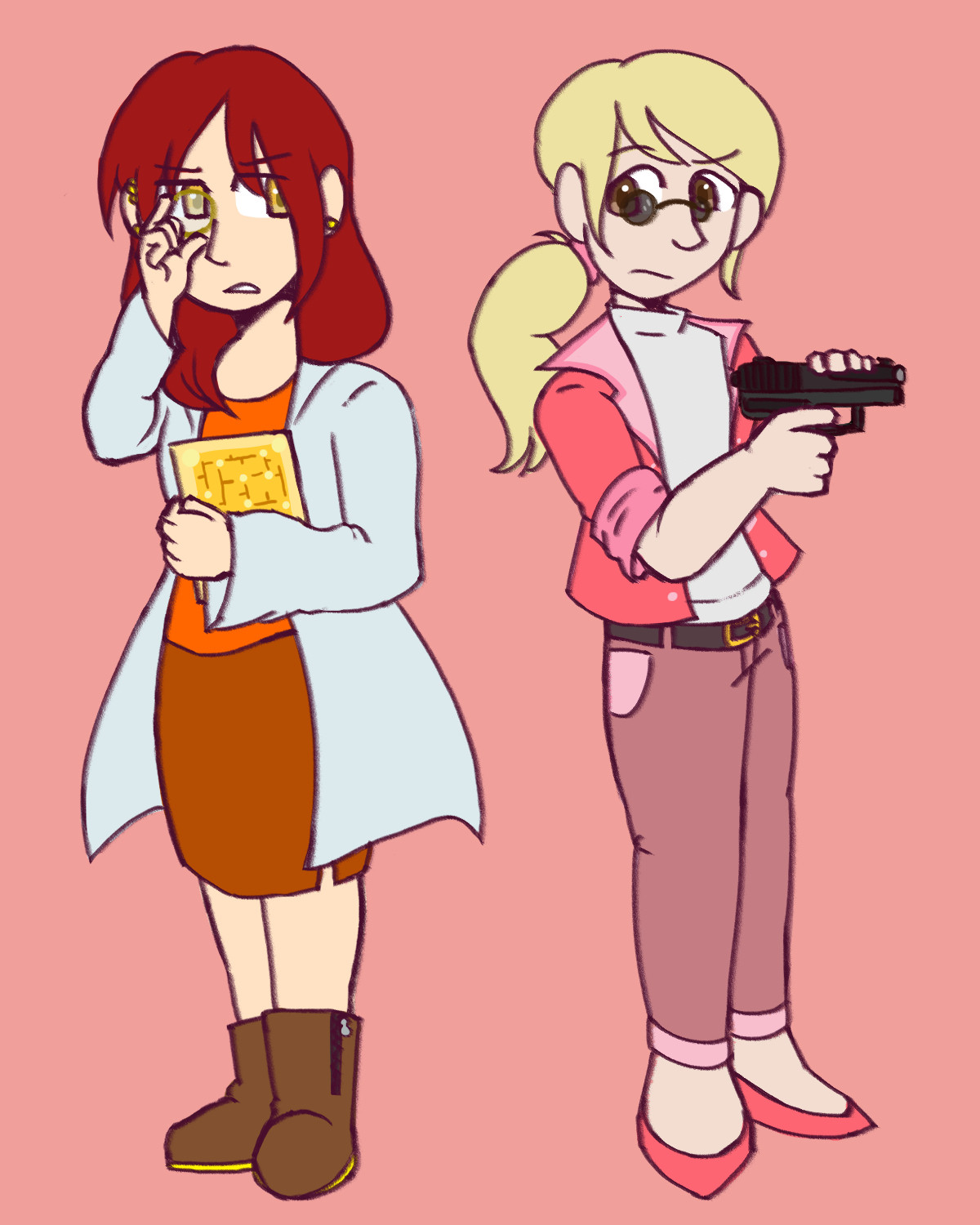 Digital drawing of two characters side by side, looking back at each other with dissatisfied expressions. On the left is a woman with white skin, yellow eyes, and dark red hair that sits atop her shoulders. She wears a yellow monocle with a lab coat, orange shirt, darker orange skirt, and brown boots whilst holding a yellow tablet near her chest.

On the right is another woman, blonde hair tied into a pony-tail, brown eyes, white skin, wearing a white undershirt, pink dress jacket, a black belt, dark pink jeans, and pointed-toe, pink slip-on shoes. Off to her side, she holds a basic gun pointed away from her and the other woman.