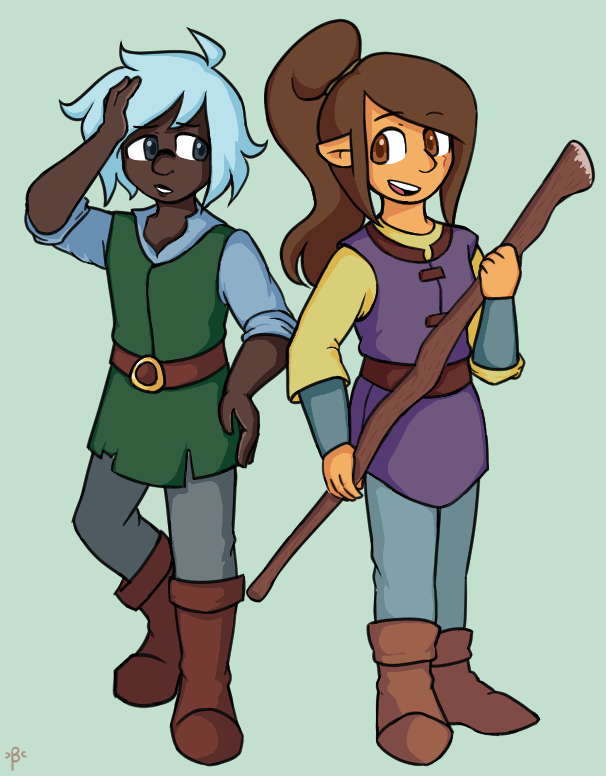 Digital drawing featuring the same two characters as the 2nd image of this photo-set.

Instead of being redrawn in a comic, they are standing side-by-side, in the attire of the main characters of the movie Quest for Camelot. The boy is on the left as Garret and the girl is on the right as Kayley; she holds onto a wooden staff as he rests his hands on his hip and next to his forehead.