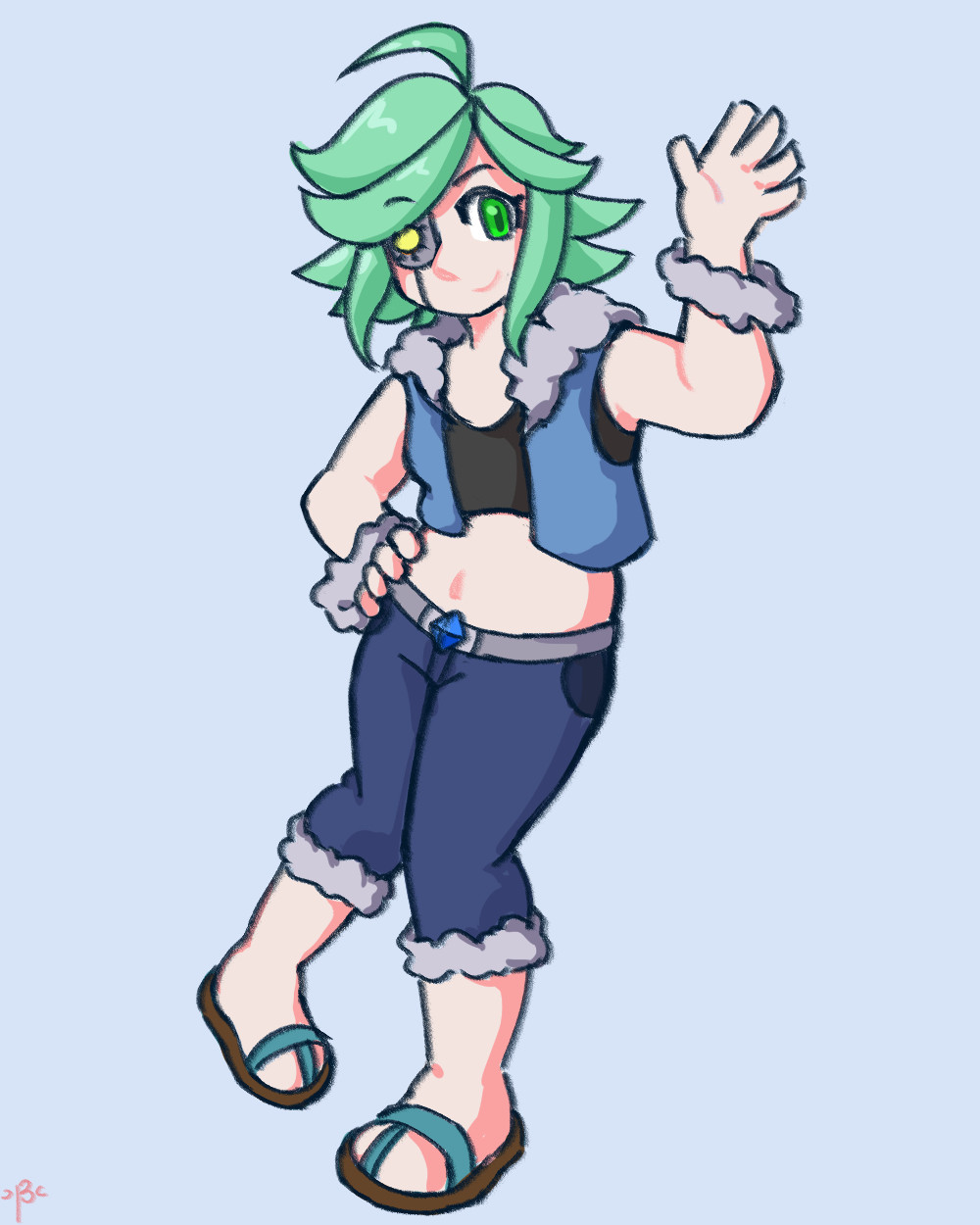 Digital illustration of a Legend of Dark Witch series fan-character. It features a young woman with white skin and spiky, light green hair and green eyes. Her feet point towards each other with one hand on her hip and the other one waving.

She wears an eye-patch over her right eye alongside a light blue, cropped vest with a fluffy, white hood, blue jeans, and brown sandals. The cuffs of her jeans alongside a bracelet for each hand have the same color and texture as the hood of her vest. Additionally, she has a belt embedded with a small, blue syega crystal on the buckle.