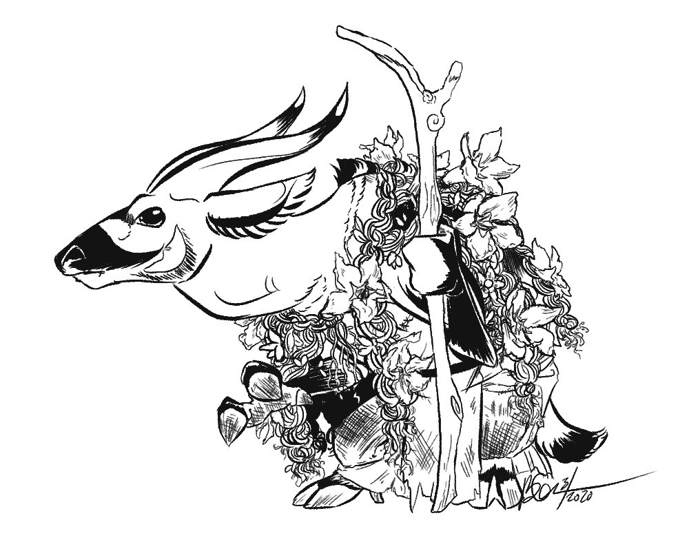 realistic bongo antelope ungulate wearing a cloak of braided vines and flowers, black and white digital ink drawing